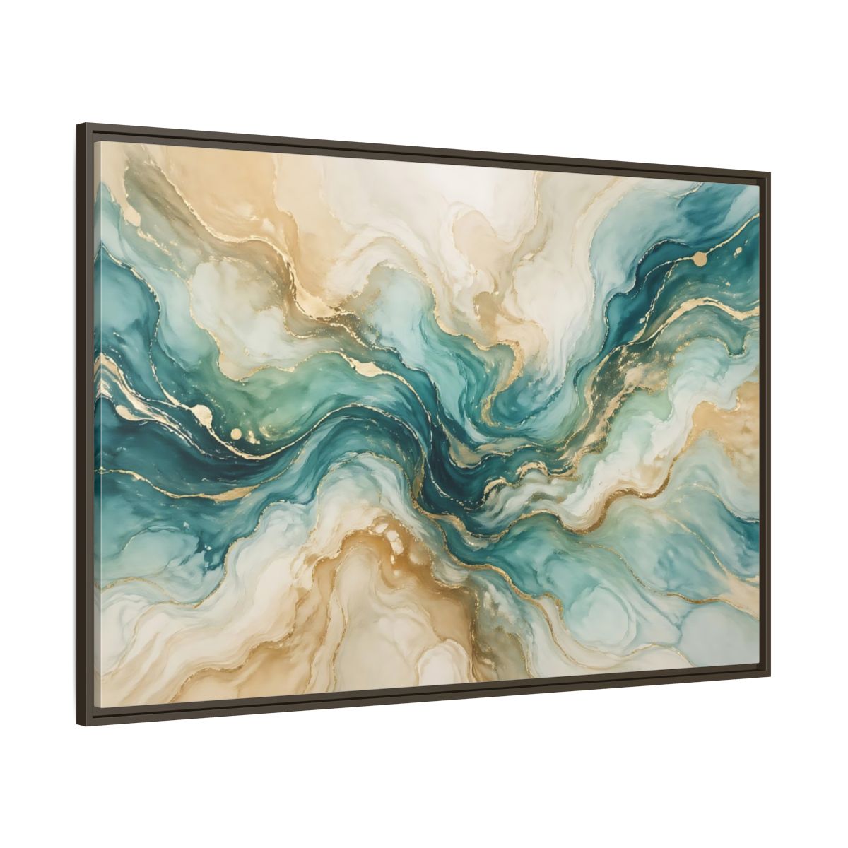 Side Mockup 8. Abstract Abstract Texture Teal Gold Abstract shown as stretched canvas wall art