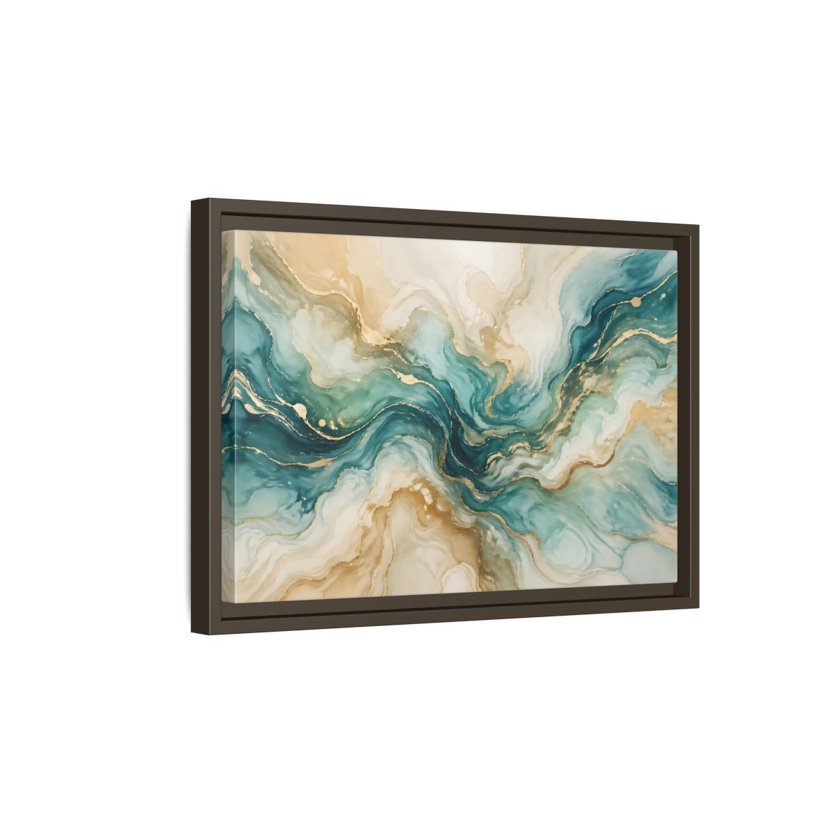 Side Mockup 5. Abstract Abstract Texture Teal Gold Abstract shown as stretched canvas wall art