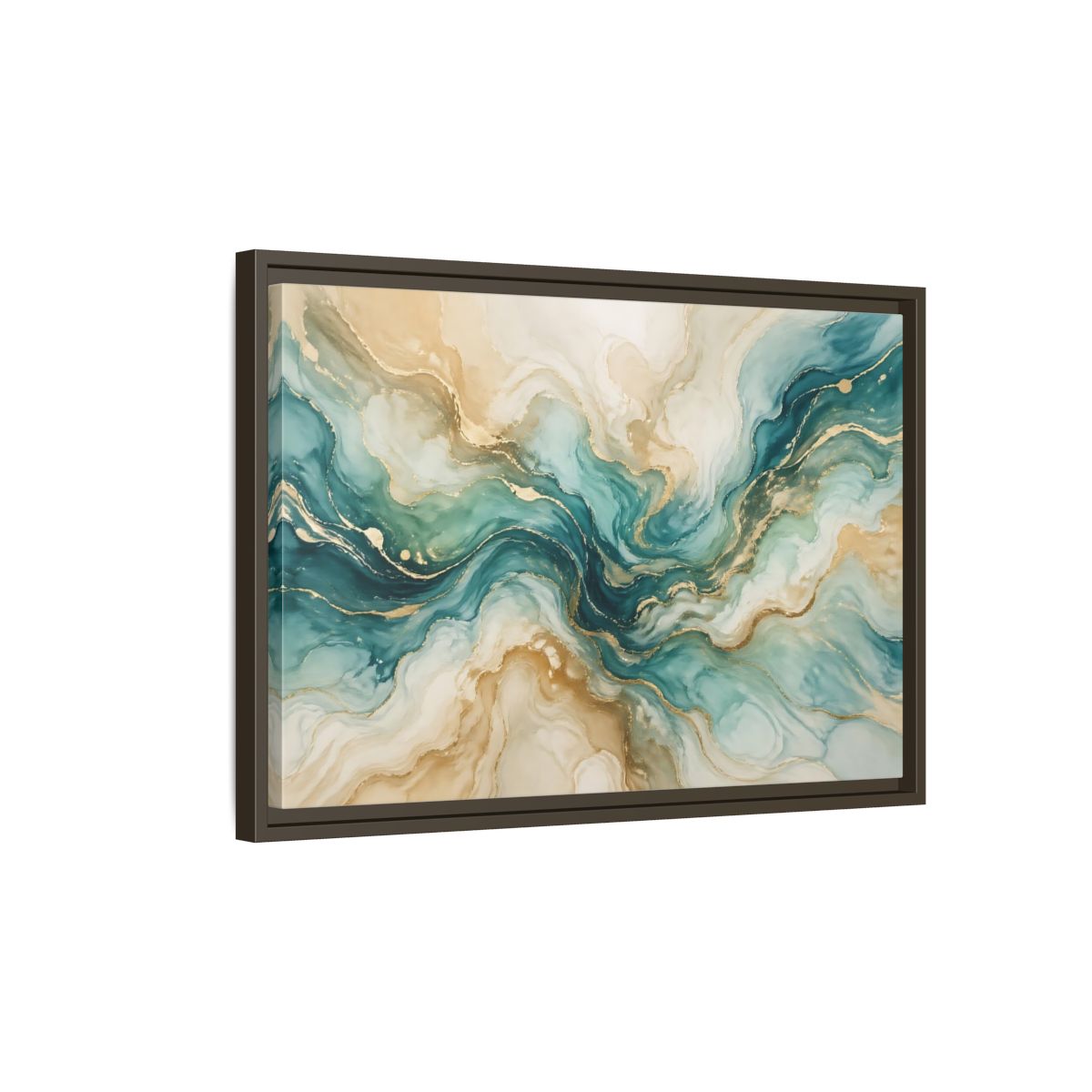 Side Mockup 2. Abstract Abstract Texture Teal Gold Abstract shown as stretched canvas wall art