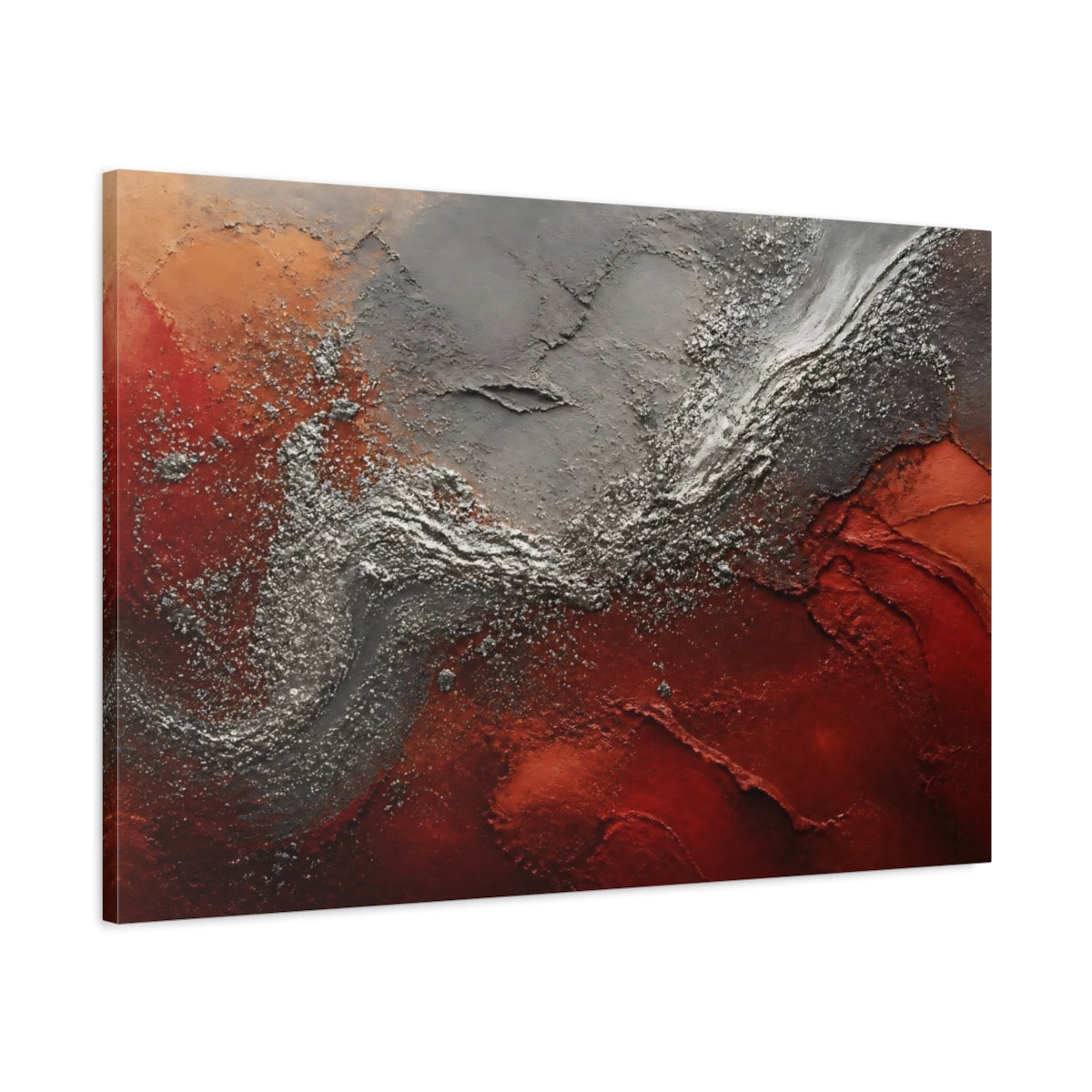 Main Mockup. Abstract Textured Art Red Silver Abstract shown as stretched canvas wall art