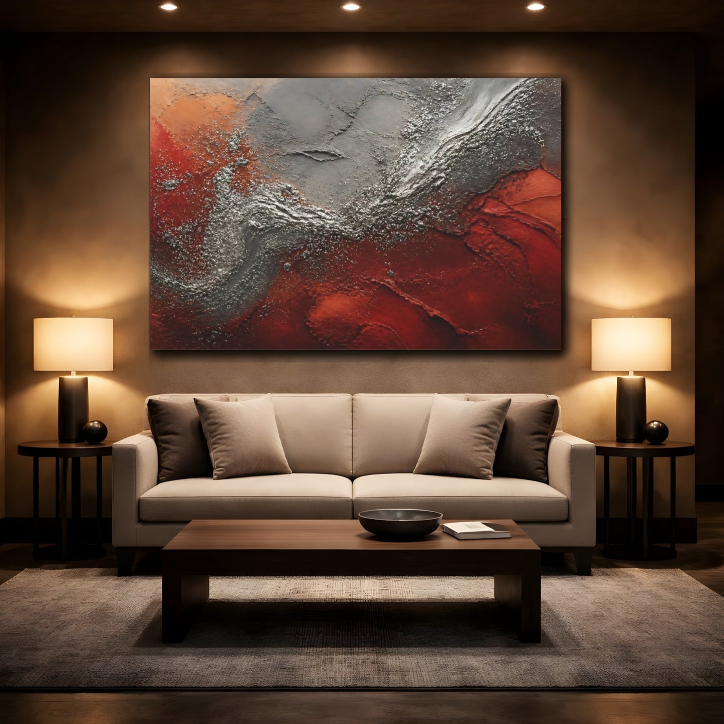 Mockup 2. Abstract Textured Art Red Silver Abstract shown as stretched canvas wall art