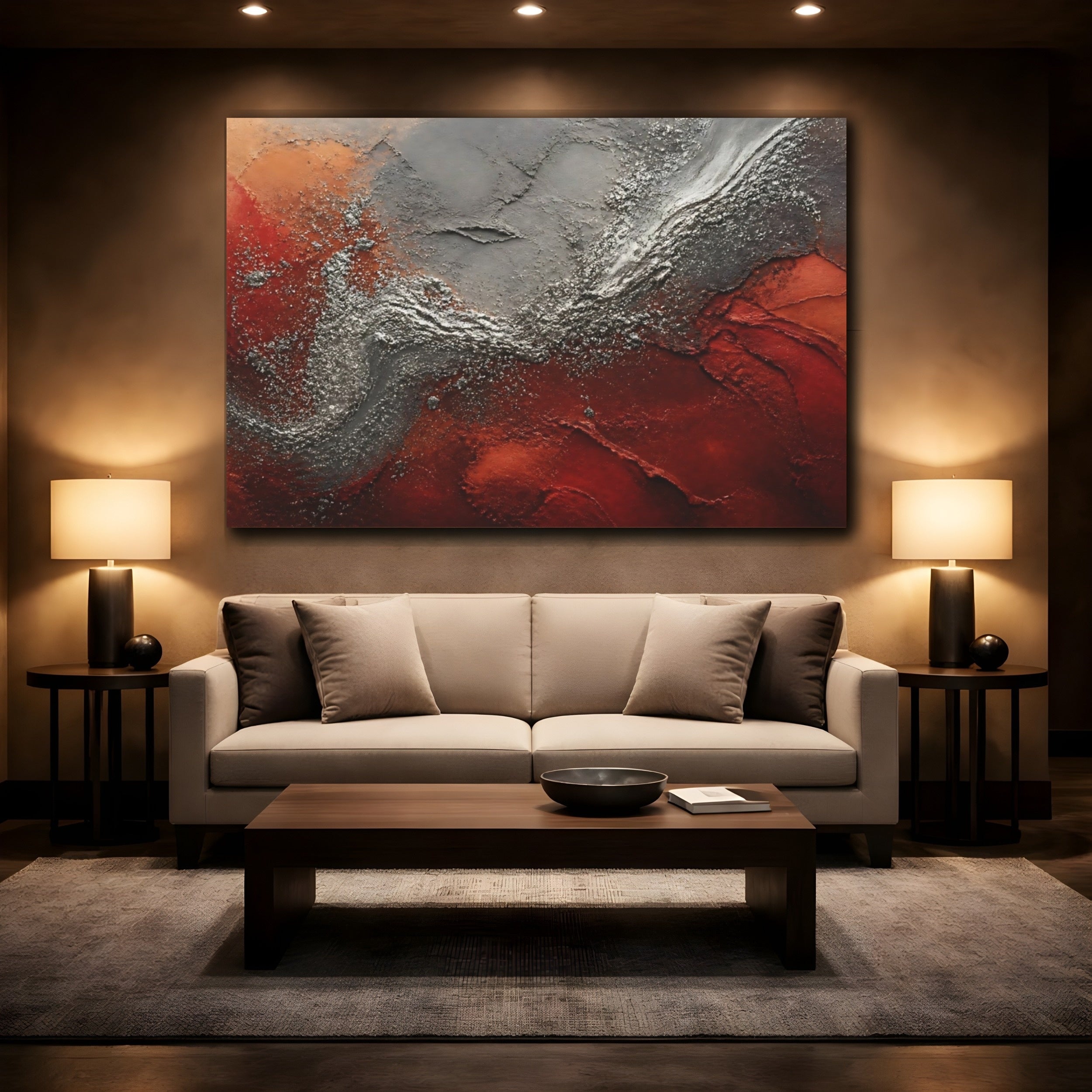 Mockup 2. Abstract Textured Art Red Silver Abstract shown as stretched canvas wall art