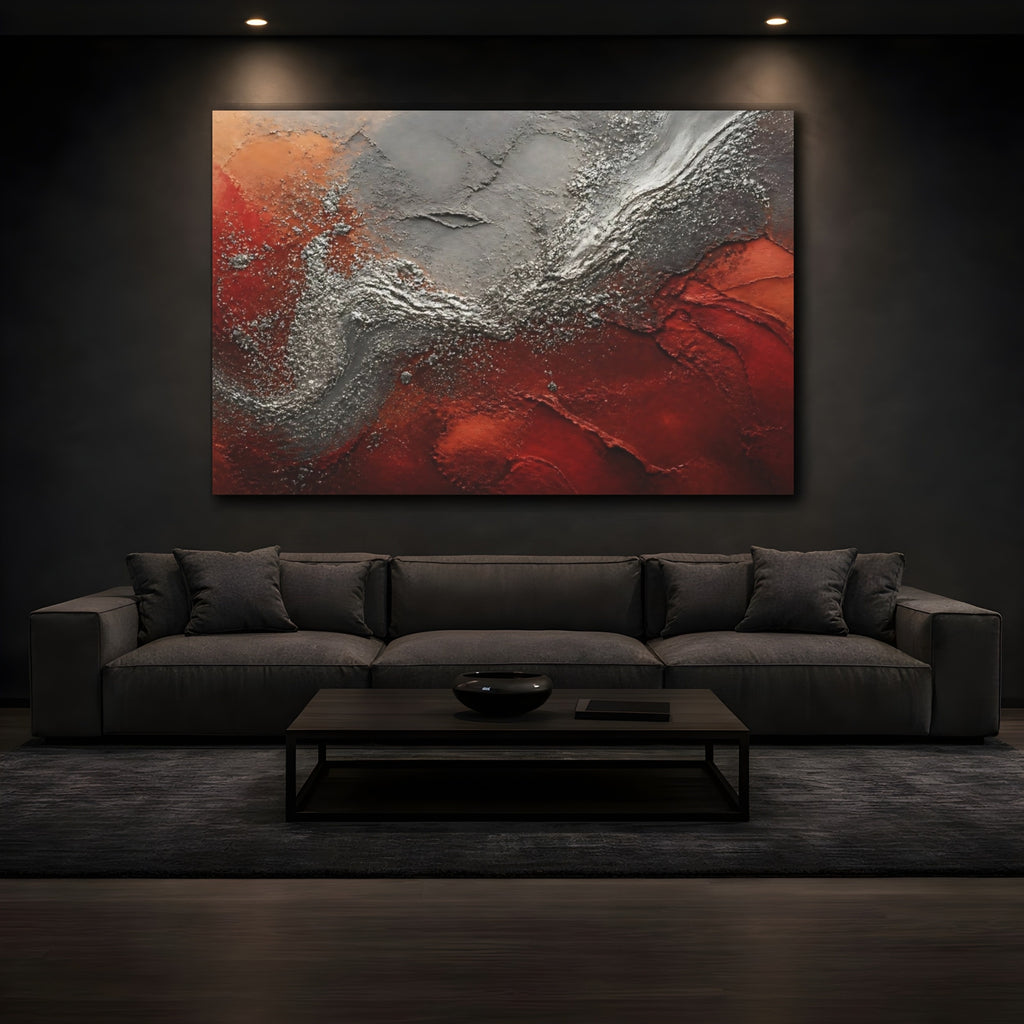 Mockup 3. Abstract Textured Art Red Silver Abstract shown as stretched canvas wall art