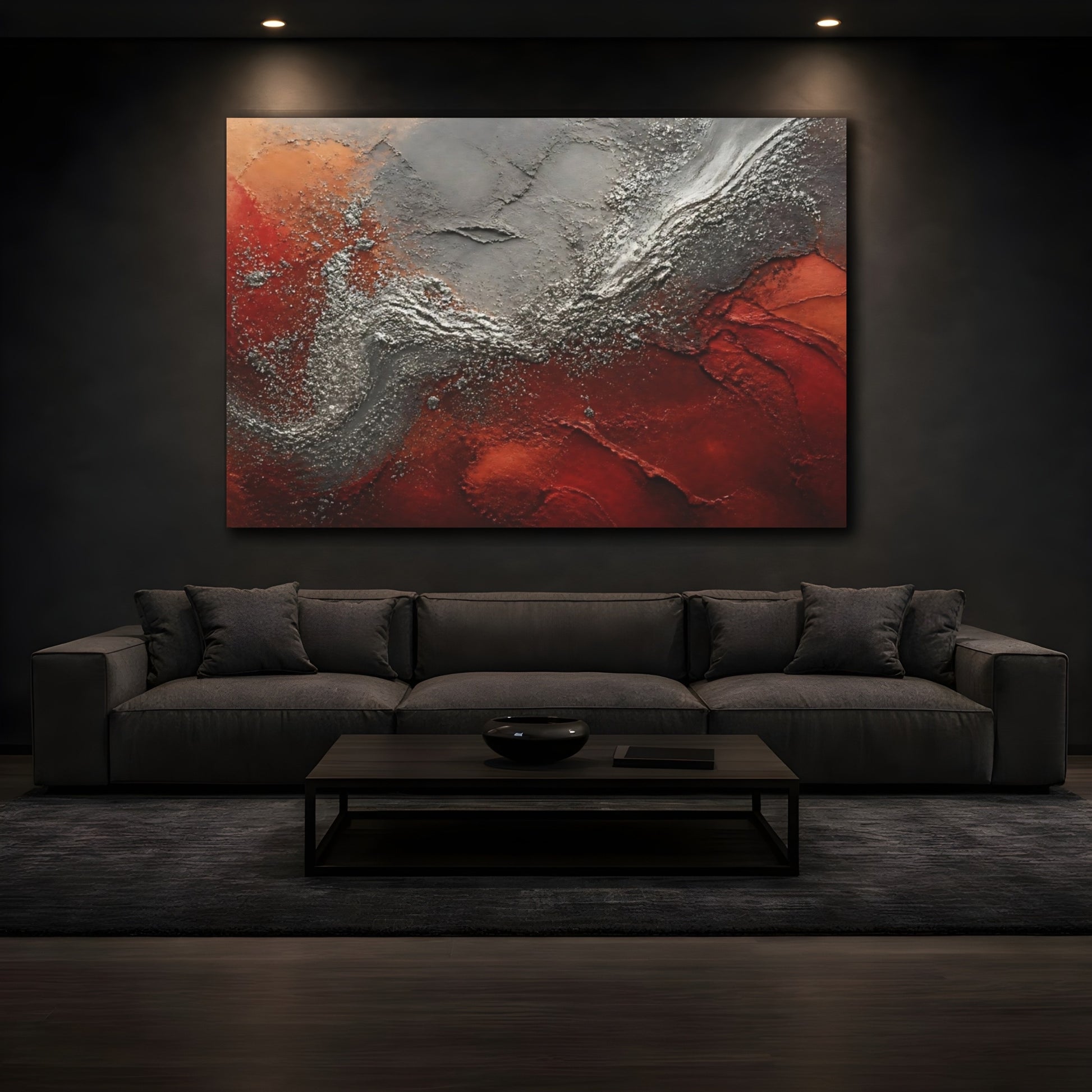 Mockup 3. Abstract Textured Art Red Silver Abstract shown as stretched canvas wall art