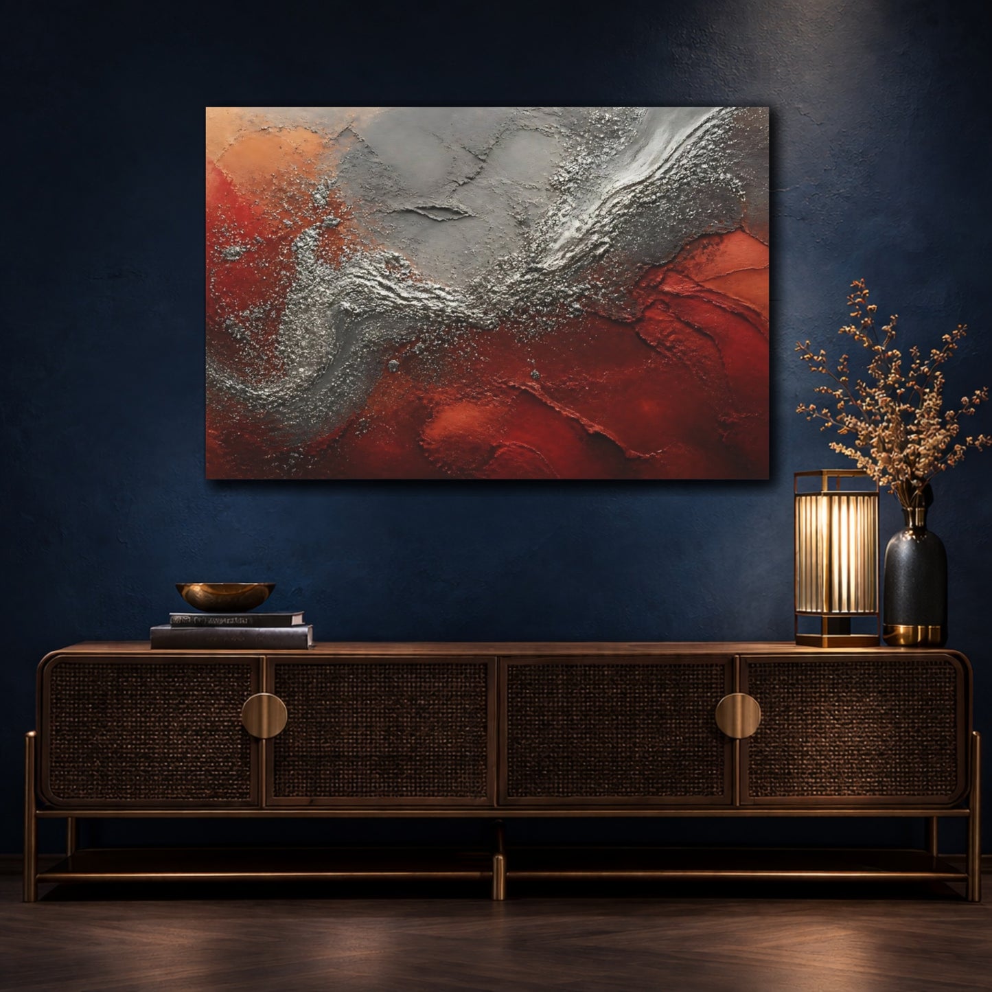 Mockup 4. Abstract Textured Art Red Silver Abstract shown as stretched canvas wall art
