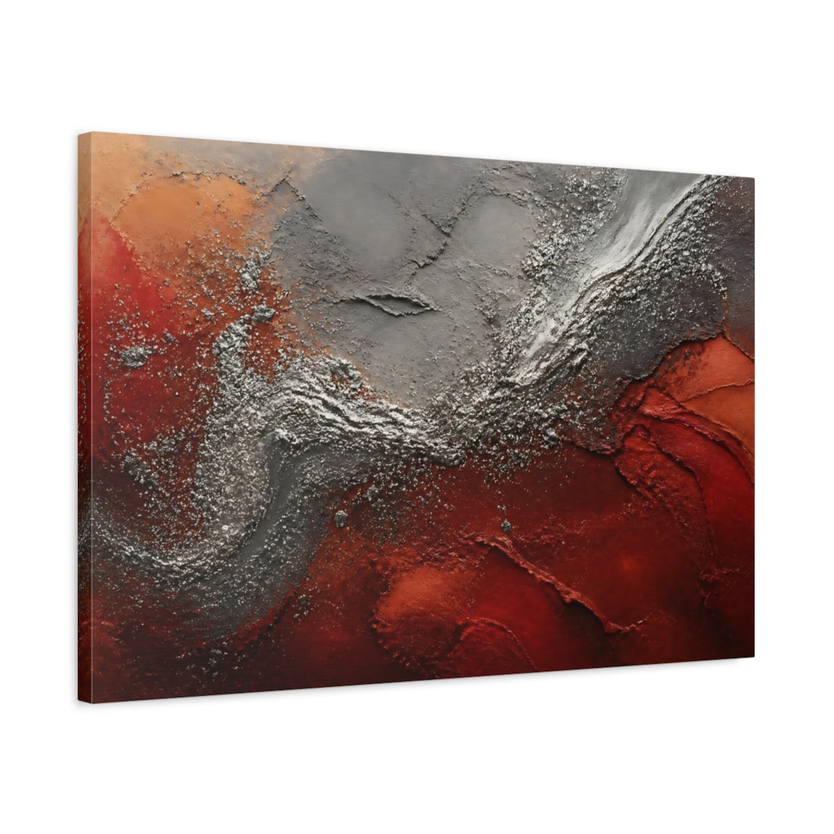 Side Mockup 2. Abstract Textured Art Red Silver Abstract shown as stretched canvas wall art
