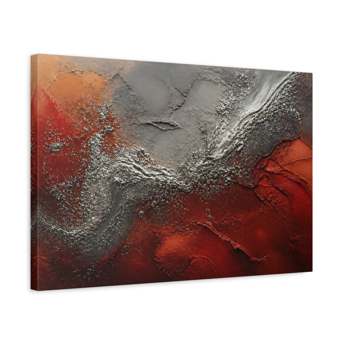 Side Mockup 3. Abstract Textured Art Red Silver Abstract shown as stretched canvas wall art
