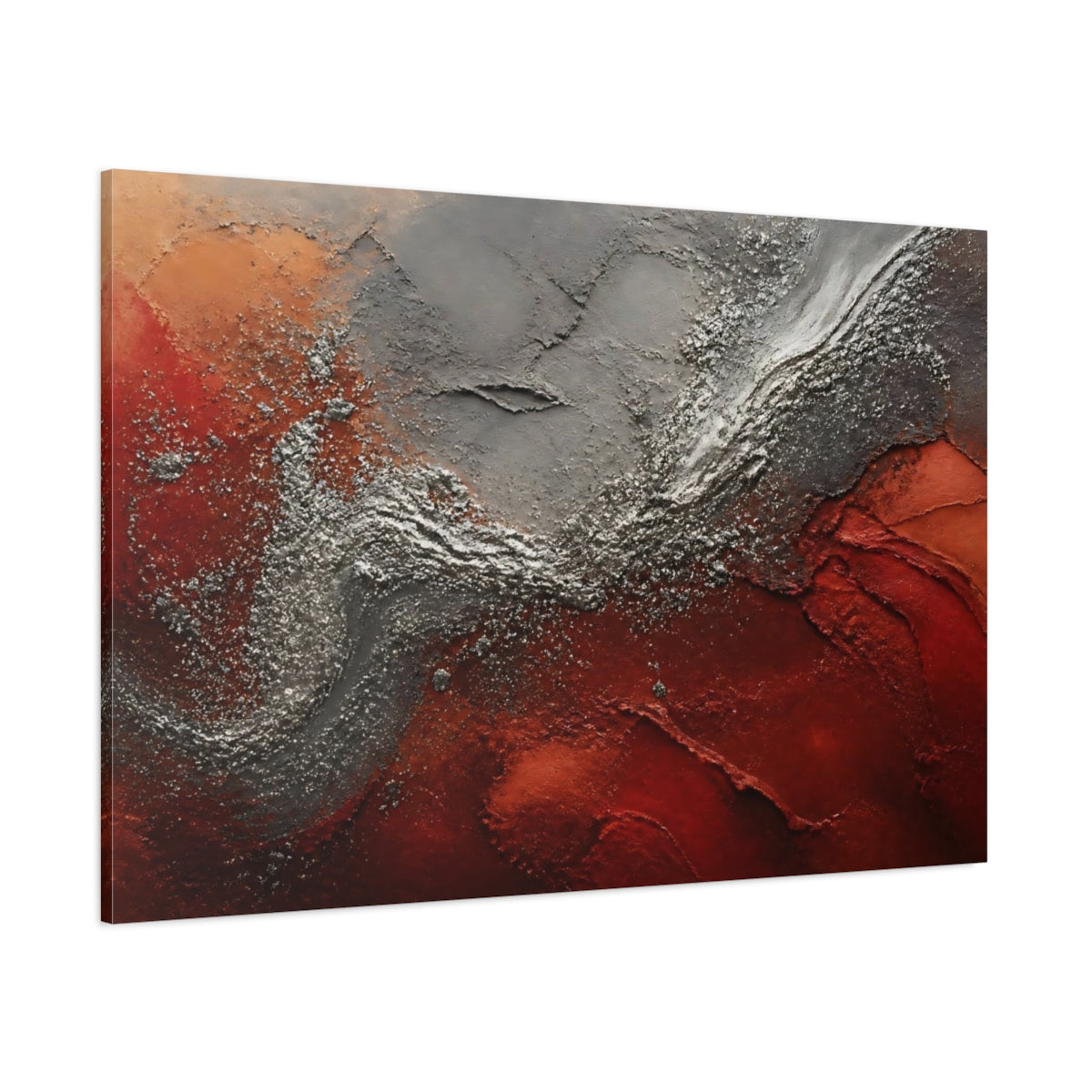 Side Mockup 1. Abstract Textured Art Red Silver Abstract shown as stretched canvas wall art