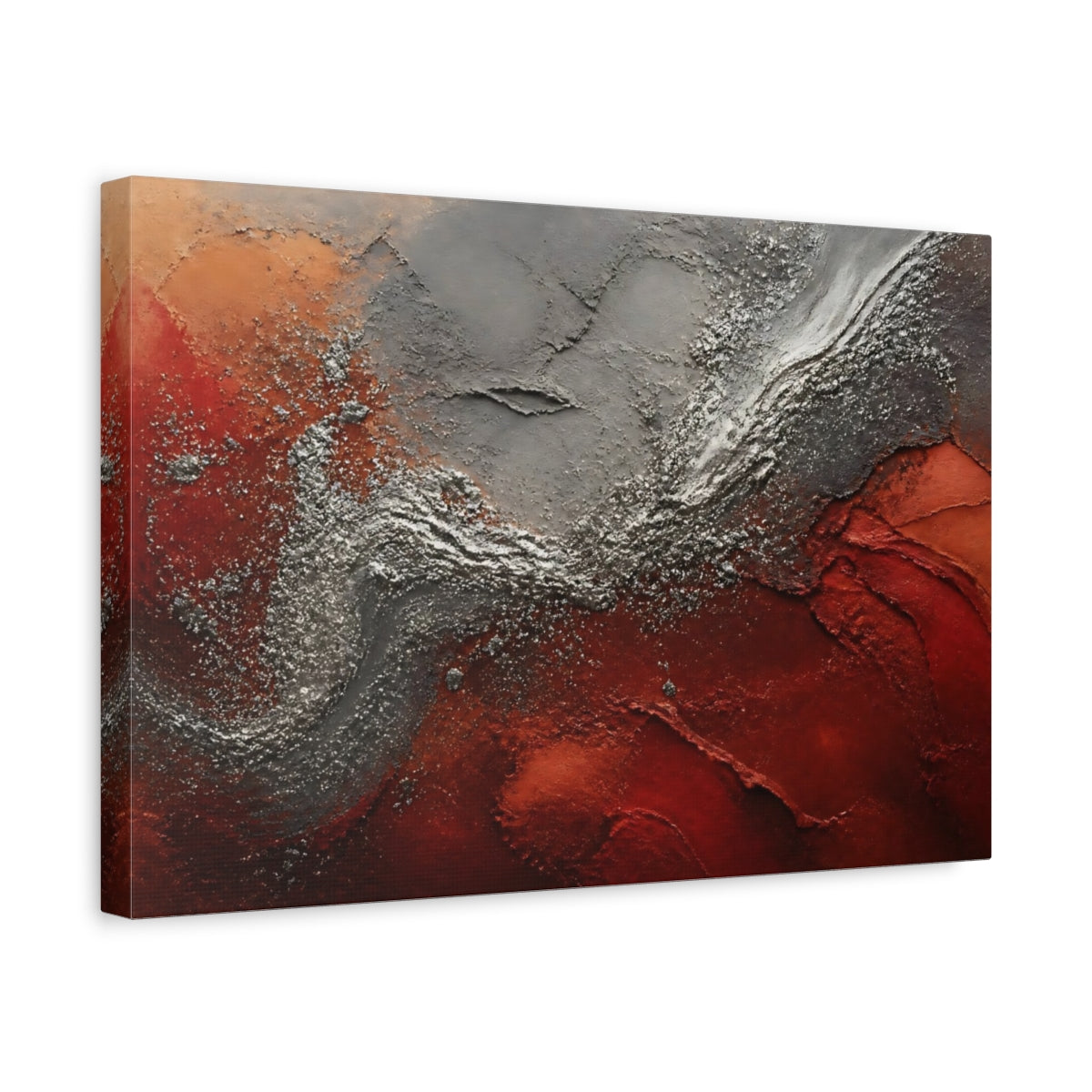 Side Mockup 4. Abstract Textured Art Red Silver Abstract shown as stretched canvas wall art