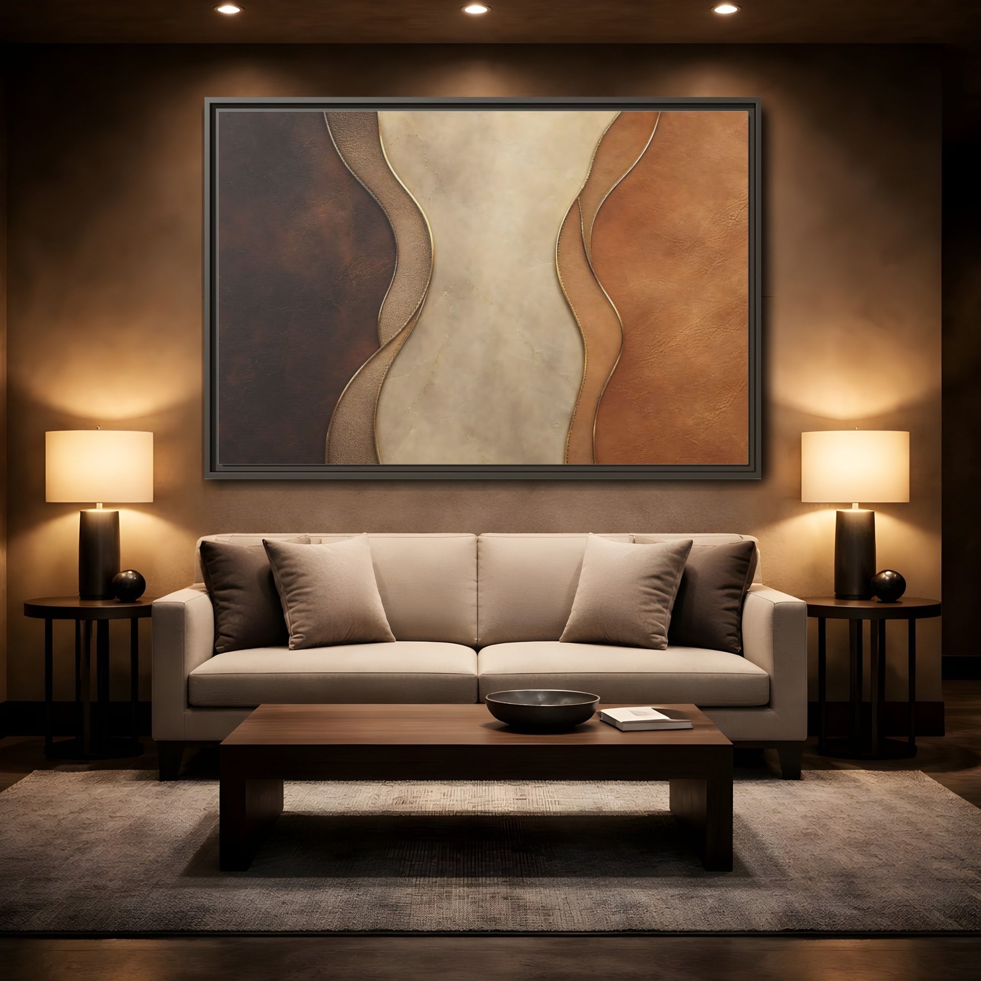 Mockup 2. Abstract Textured Layers Brown Beige Gold shown as stretched canvas wall art