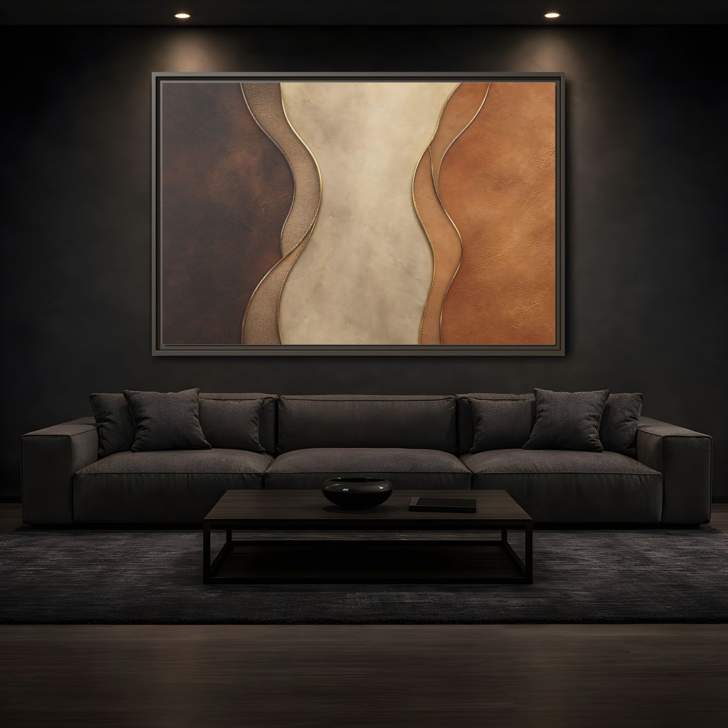 Mockup 3. Abstract Textured Layers Brown Beige Gold shown as stretched canvas wall art