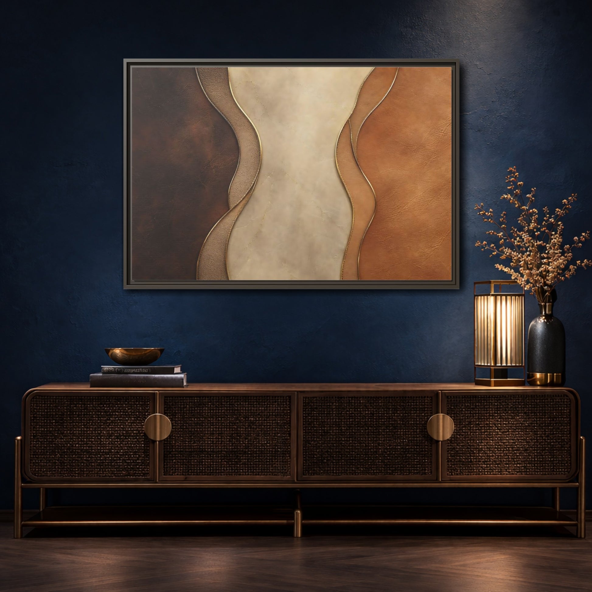 Mockup 4. Abstract Textured Layers Brown Beige Gold shown as stretched canvas wall art