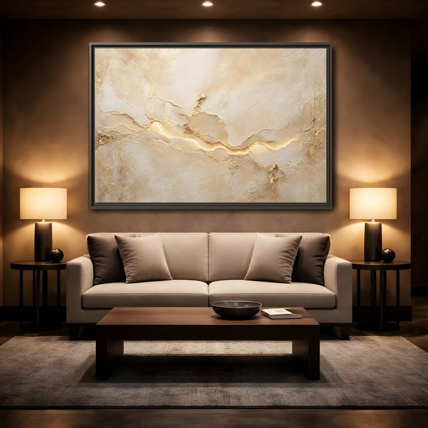 Mockup 2. Abstract Textured Surface Gold And Beige Abstract shown as stretched canvas wall art
