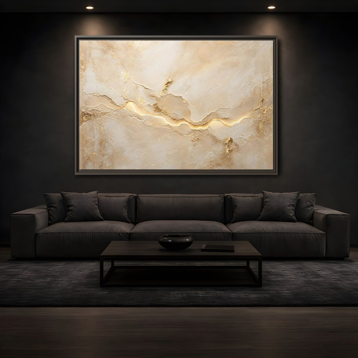 Mockup 3. Abstract Textured Surface Gold And Beige Abstract shown as stretched canvas wall art