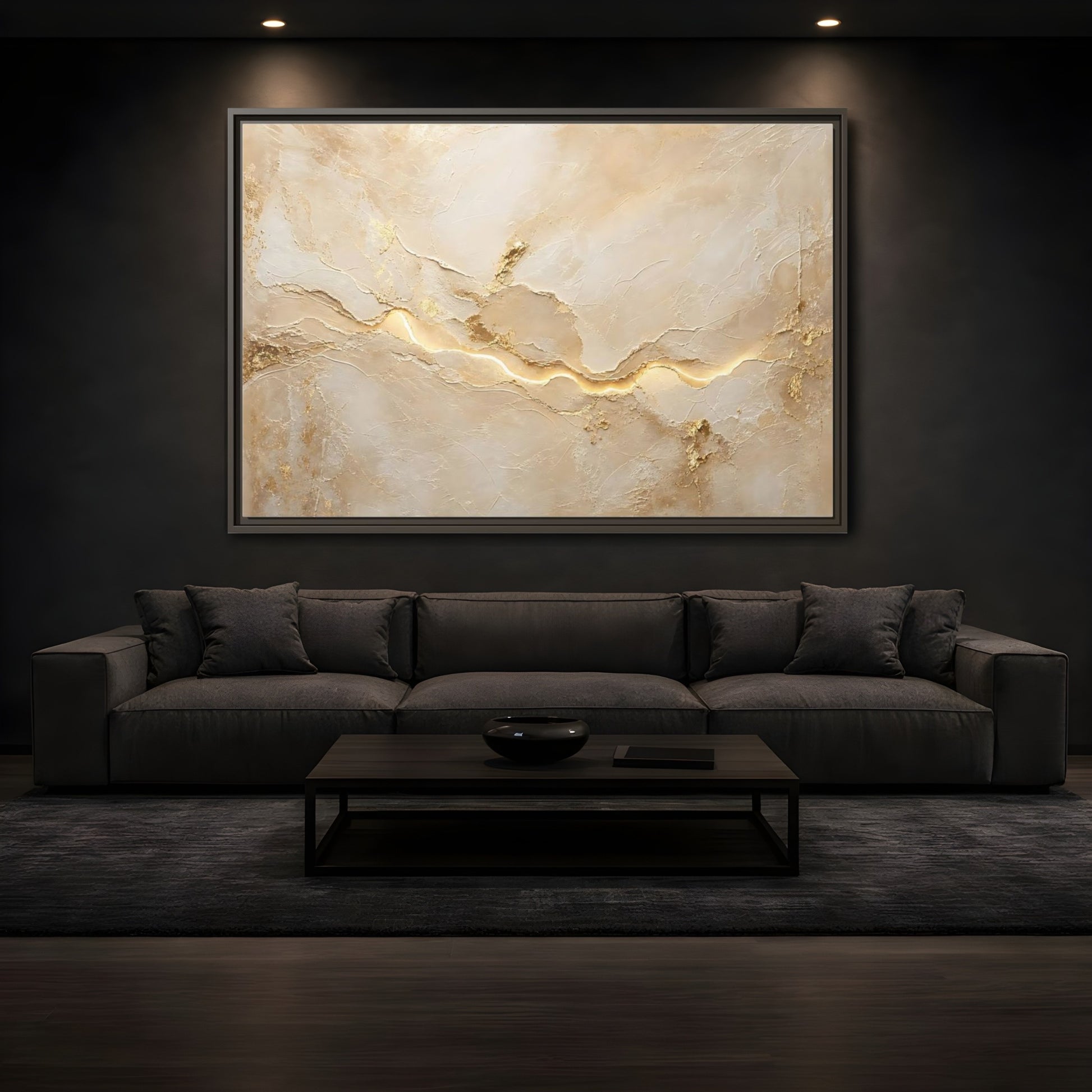 Mockup 3. Abstract Textured Surface Gold And Beige Abstract shown as stretched canvas wall art