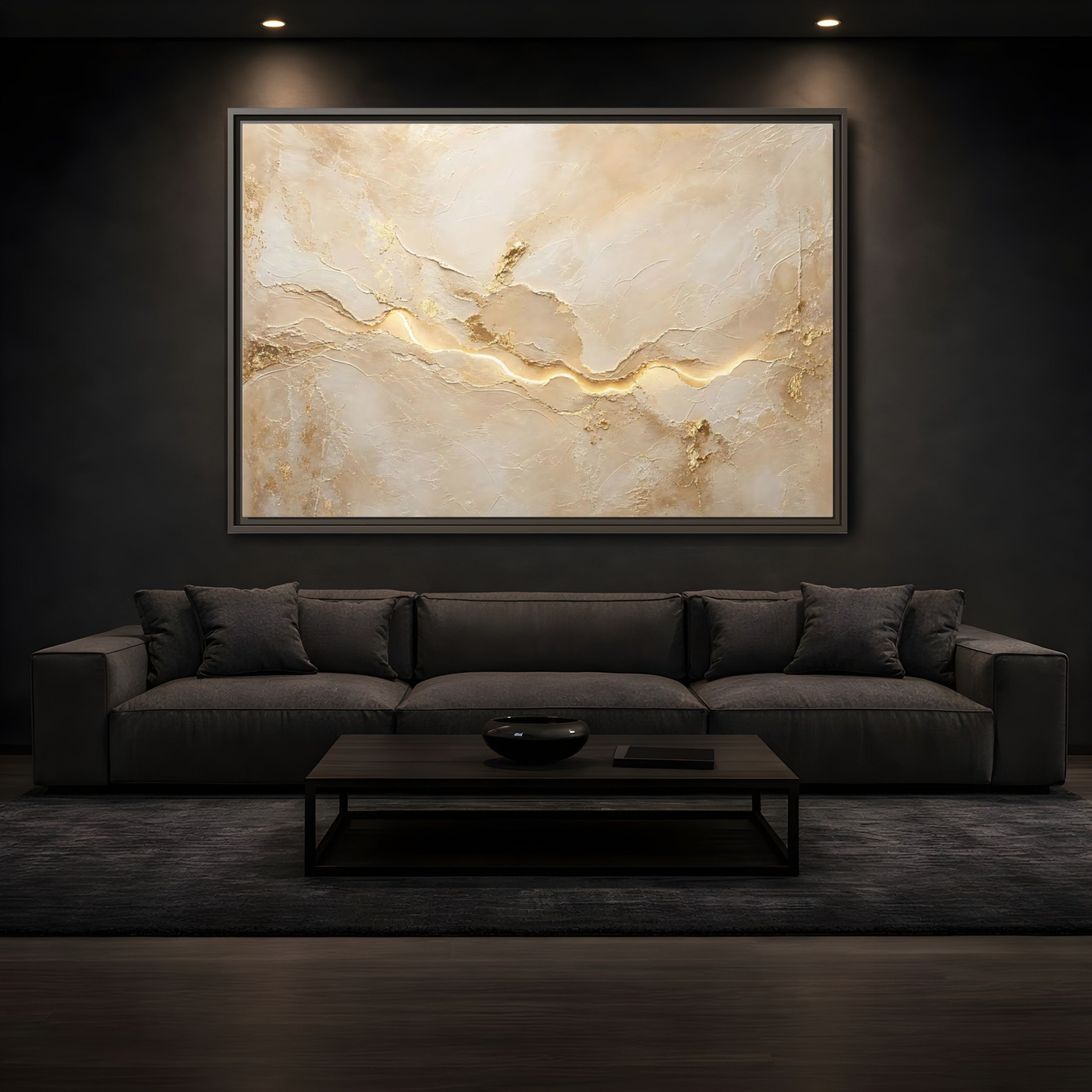 Mockup 3. Abstract Textured Surface Gold And Beige Abstract shown as stretched canvas wall art