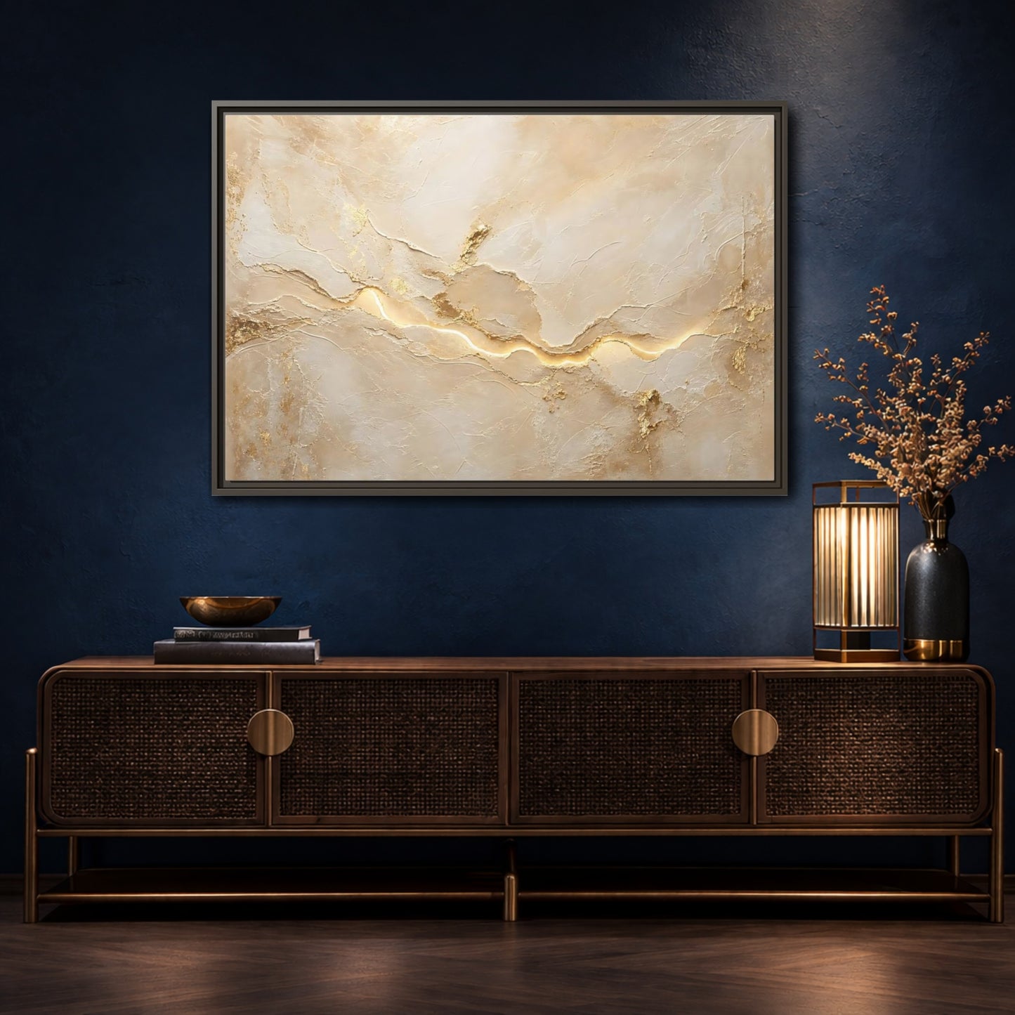 Mockup 4. Abstract Textured Surface Gold And Beige Abstract shown as stretched canvas wall art