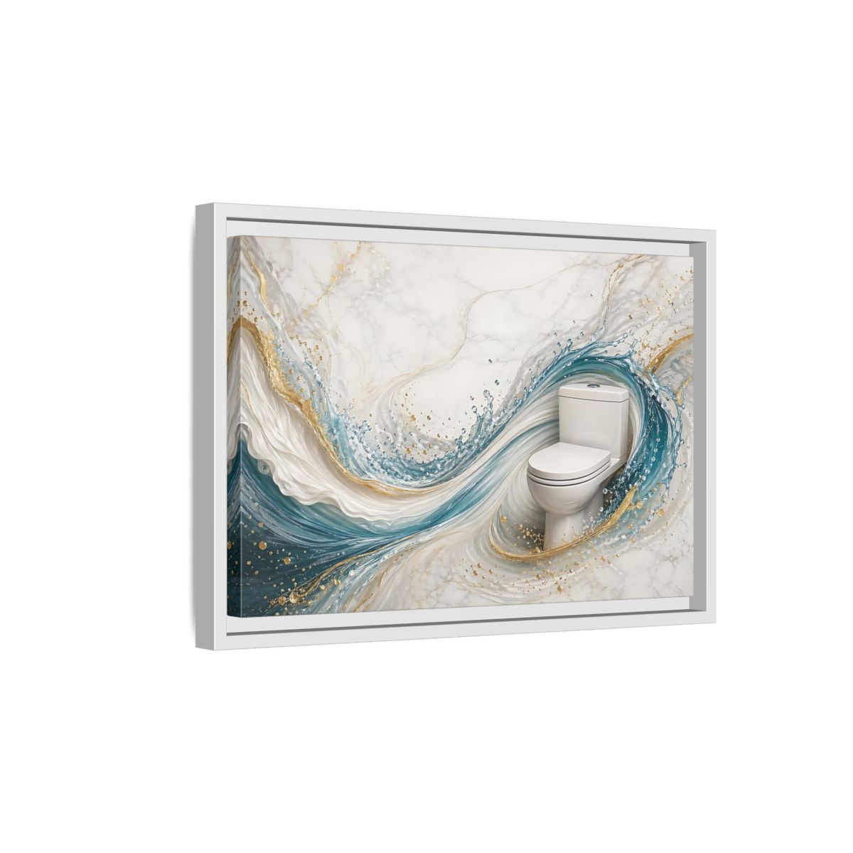 Side Mockup 4. Abstract Toilet Teal Gold Marble Art shown as stretched canvas wall art