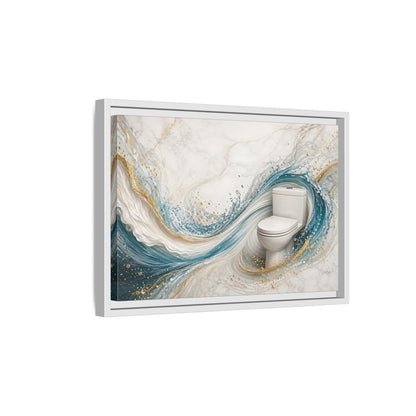 Side Mockup 4. Abstract Toilet Teal Gold Marble Art shown as stretched canvas wall art