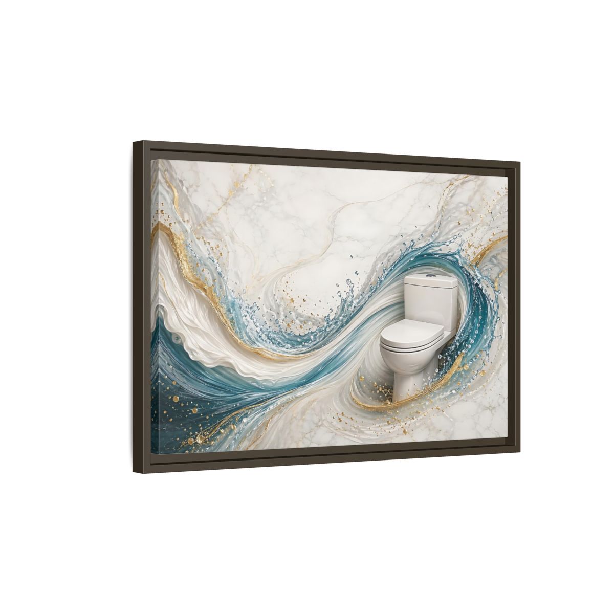 Side Mockup 2. Abstract Toilet Teal Gold Marble Art shown as stretched canvas wall art