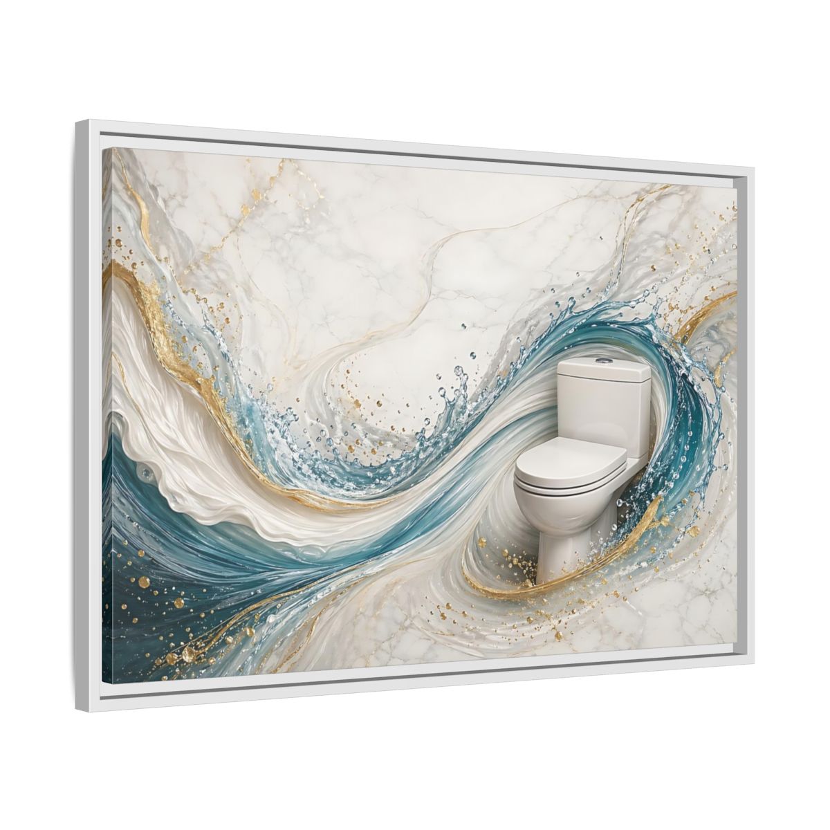 Side Mockup 10. Abstract Toilet Teal Gold Marble Art shown as stretched canvas wall art