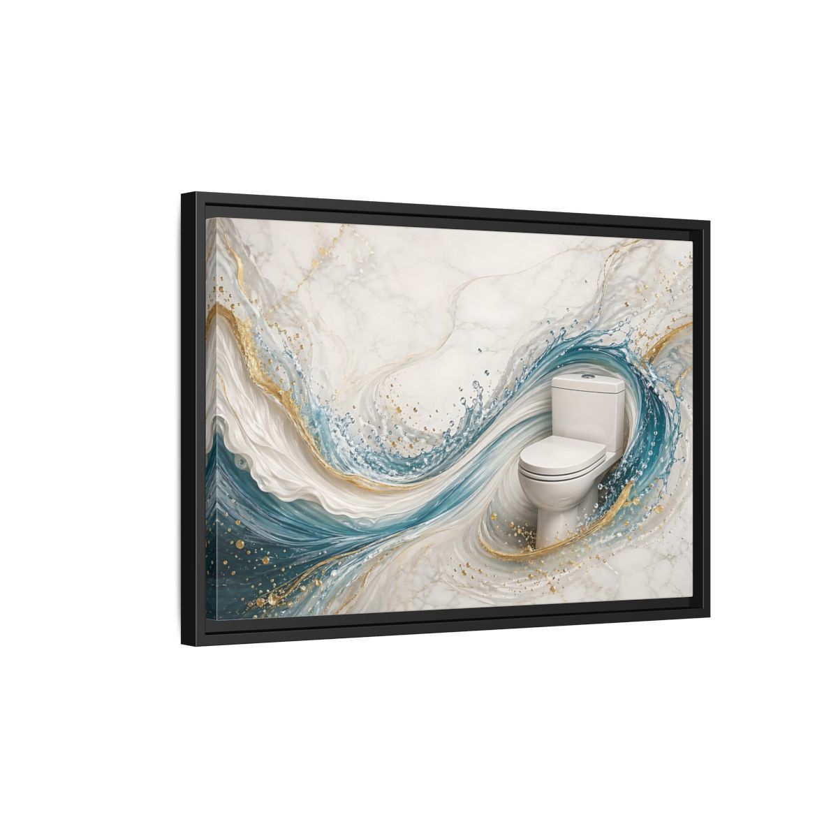 Side Mockup 3. Abstract Toilet Teal Gold Marble Art shown as stretched canvas wall art