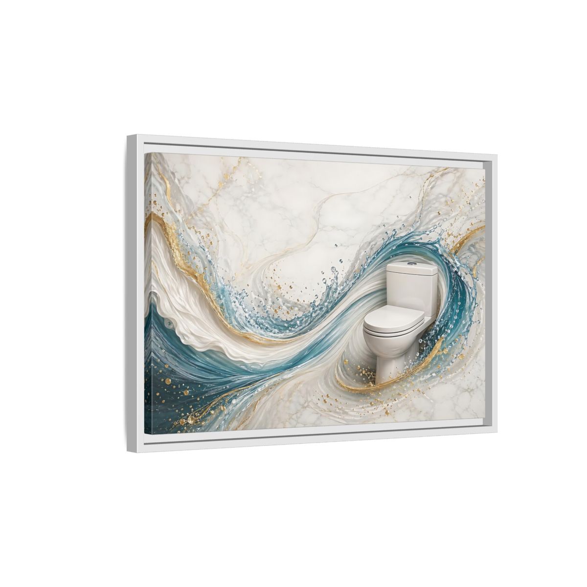 Side Mockup 1. Abstract Toilet Teal Gold Marble Art shown as stretched canvas wall art