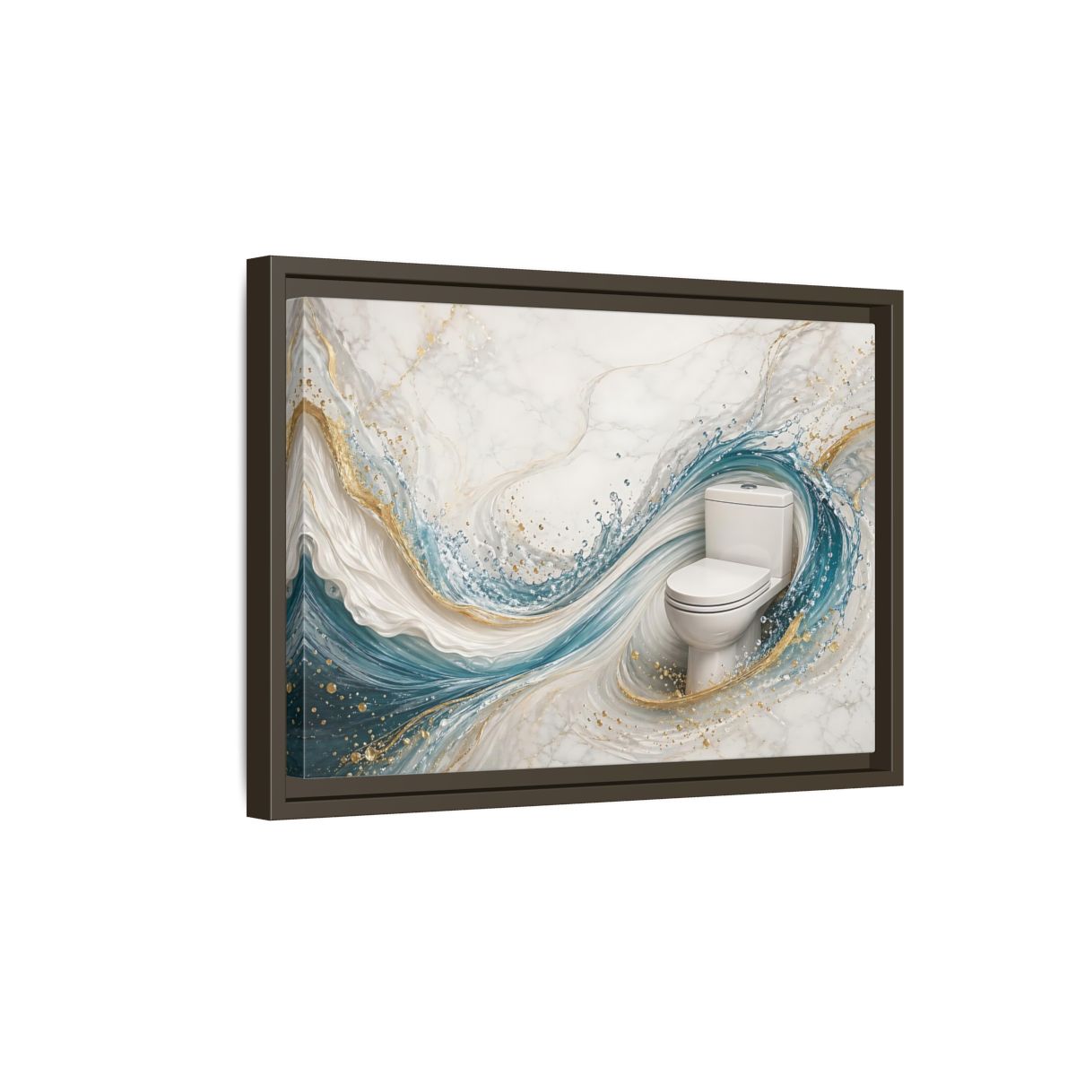 Side Mockup 5. Abstract Toilet Teal Gold Marble Art shown as stretched canvas wall art