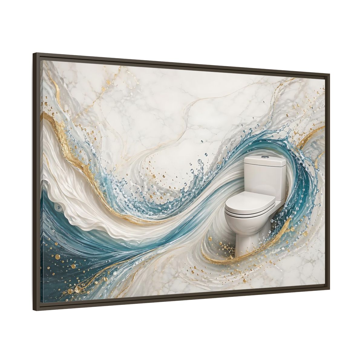 Side Mockup 8. Abstract Toilet Teal Gold Marble Art shown as stretched canvas wall art