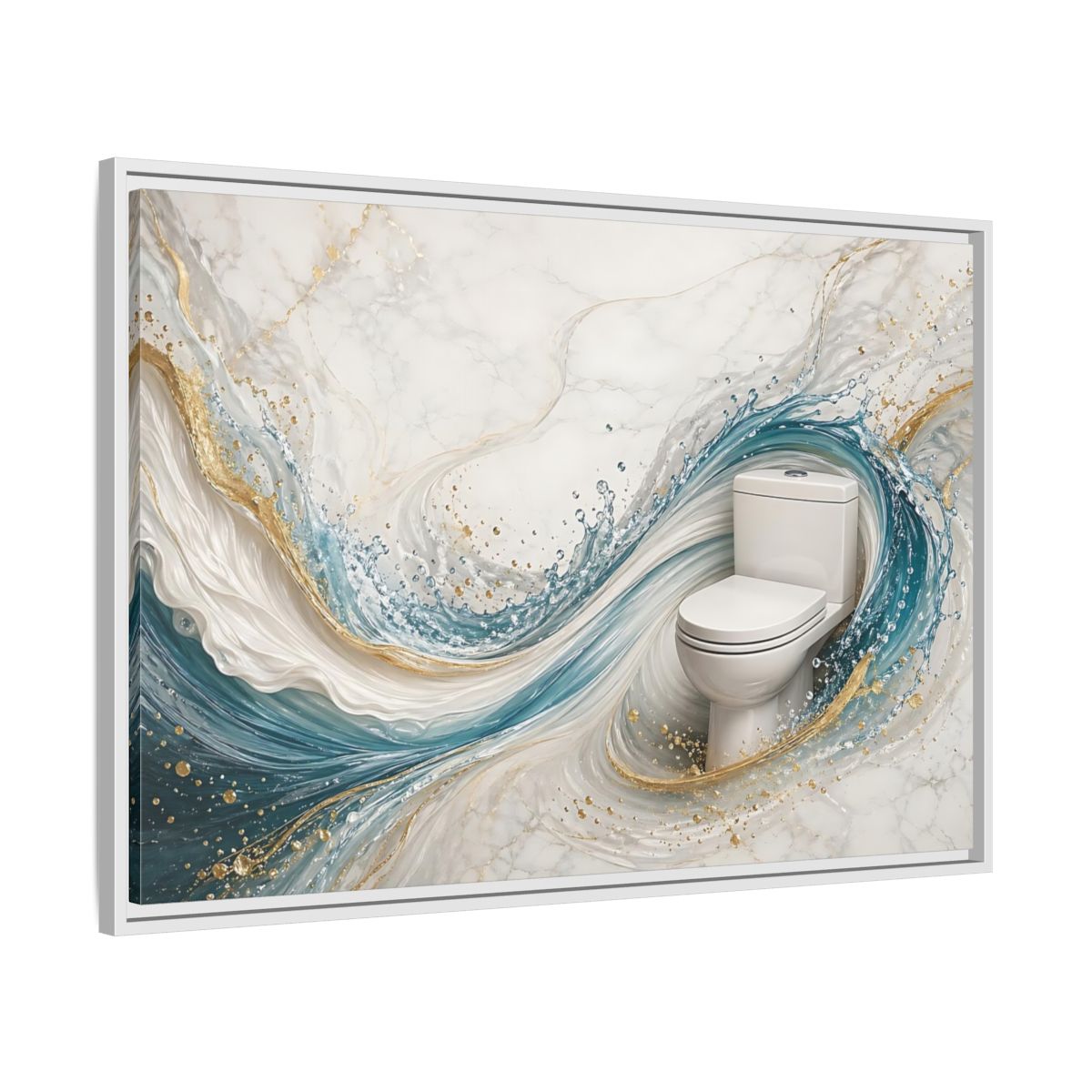 Side Mockup 9. Abstract Toilet Teal Gold Marble Art shown as stretched canvas wall art