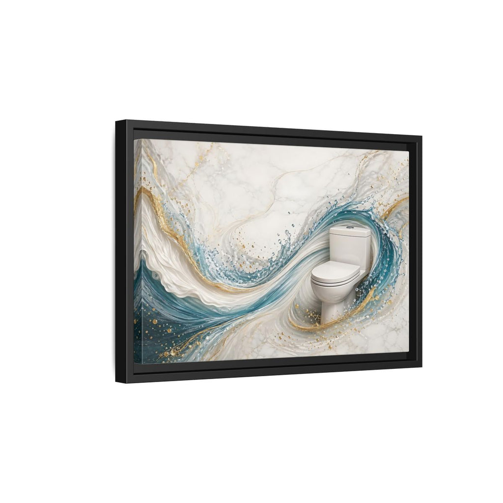 Side Mockup 6. Abstract Toilet Teal Gold Marble Art shown as stretched canvas wall art
