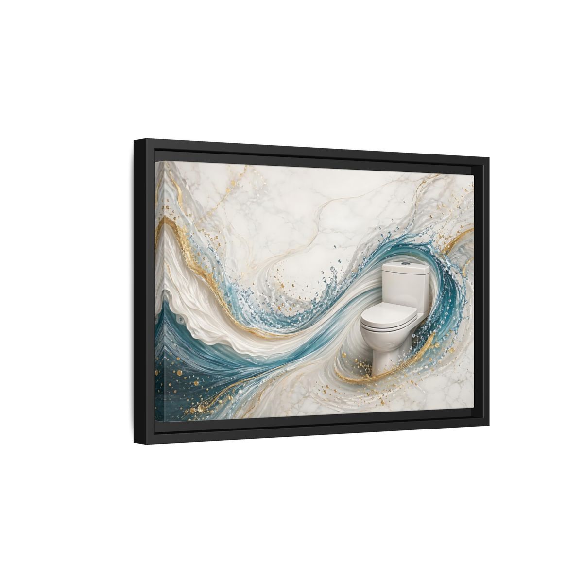 Side Mockup 6. Abstract Toilet Teal Gold Marble Art shown as stretched canvas wall art