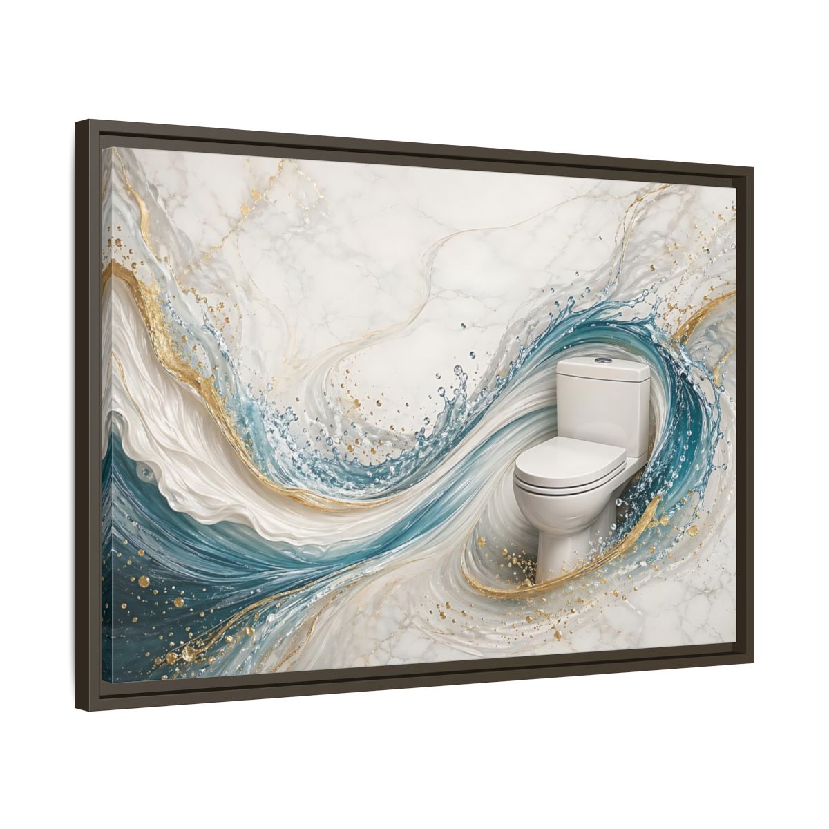 Side Mockup 11. Abstract Toilet Teal Gold Marble Art shown as stretched canvas wall art