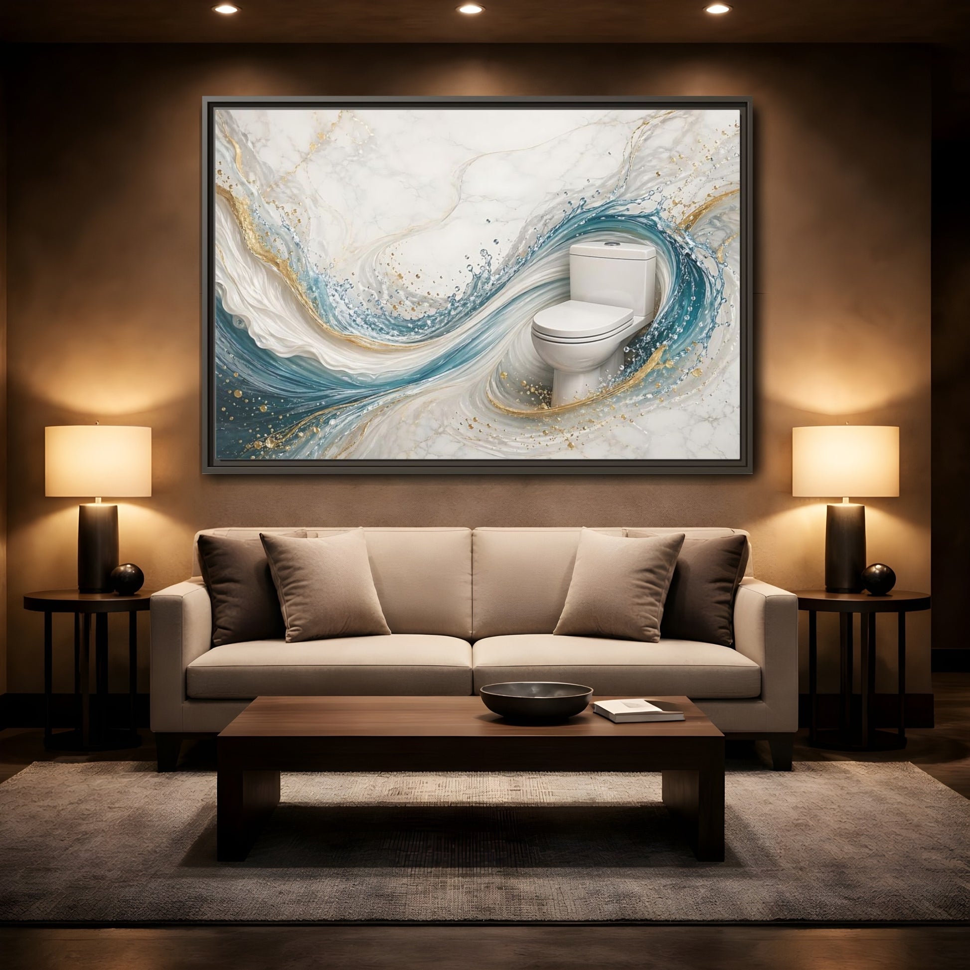 Mockup 2. Abstract Toilet Teal Gold Marble Art shown as stretched canvas wall art