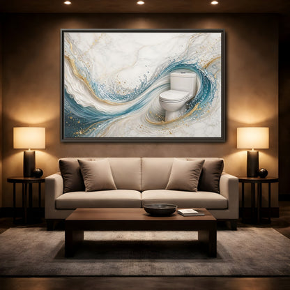 Mockup 2. Abstract Toilet Teal Gold Marble Art shown as stretched canvas wall art