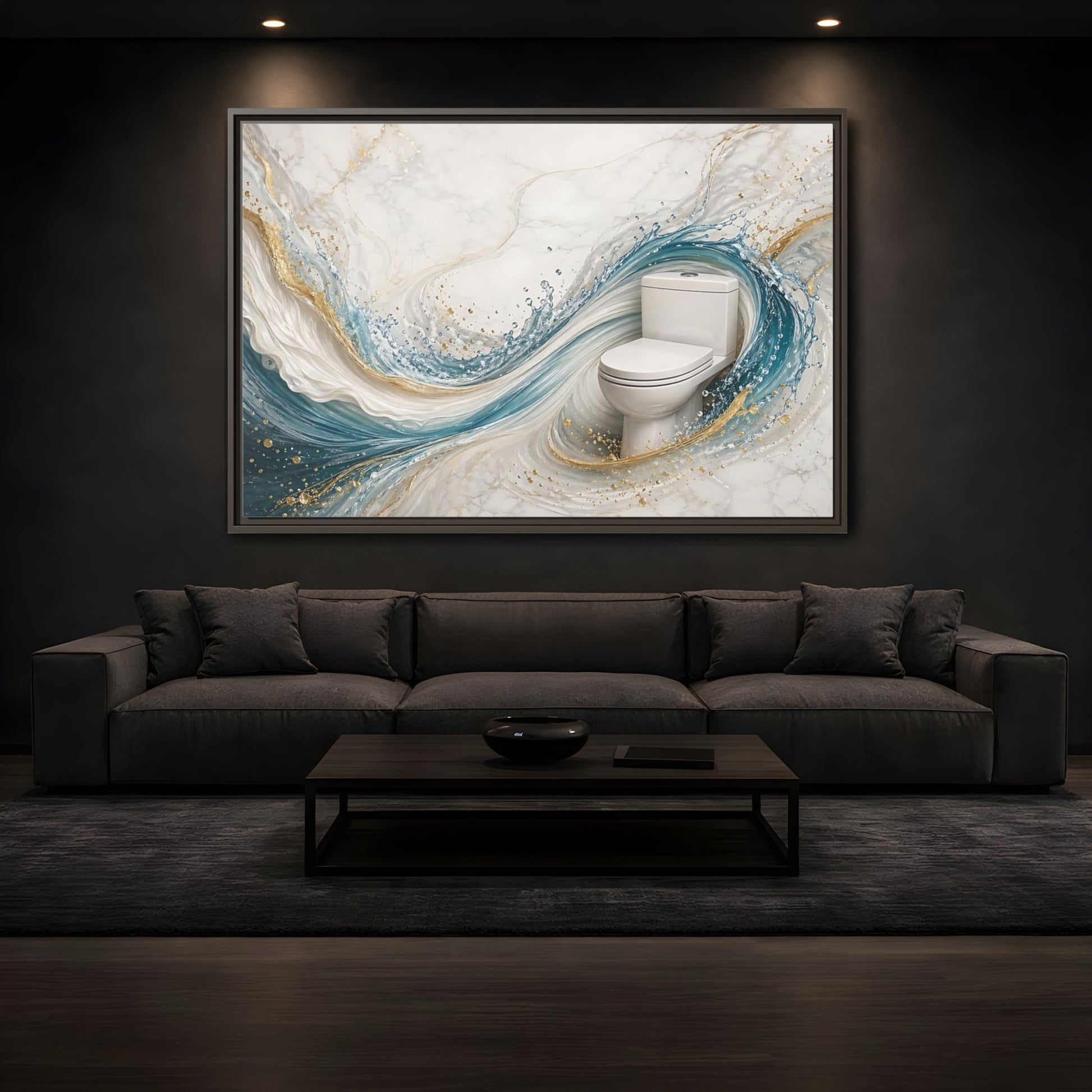 Mockup 3. Abstract Toilet Teal Gold Marble Art shown as stretched canvas wall art