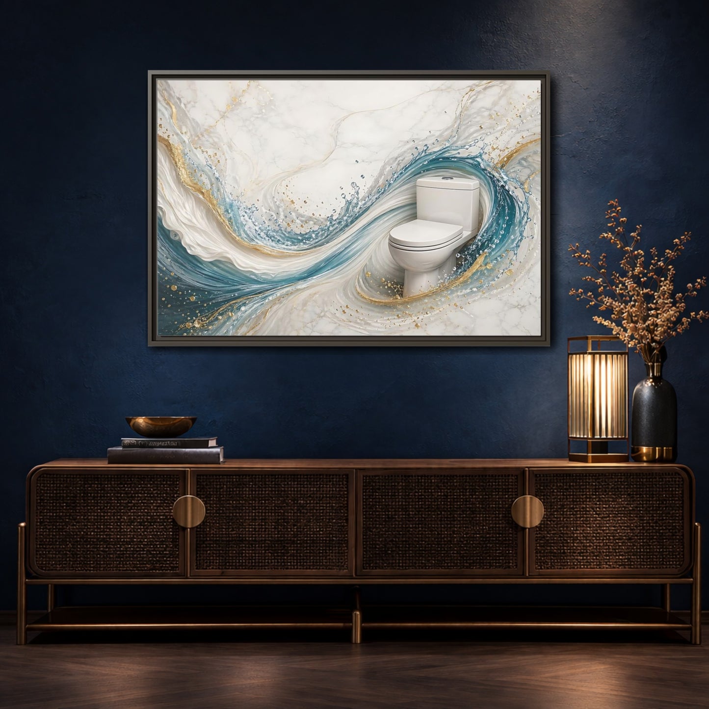 Mockup 4. Abstract Toilet Teal Gold Marble Art shown as stretched canvas wall art