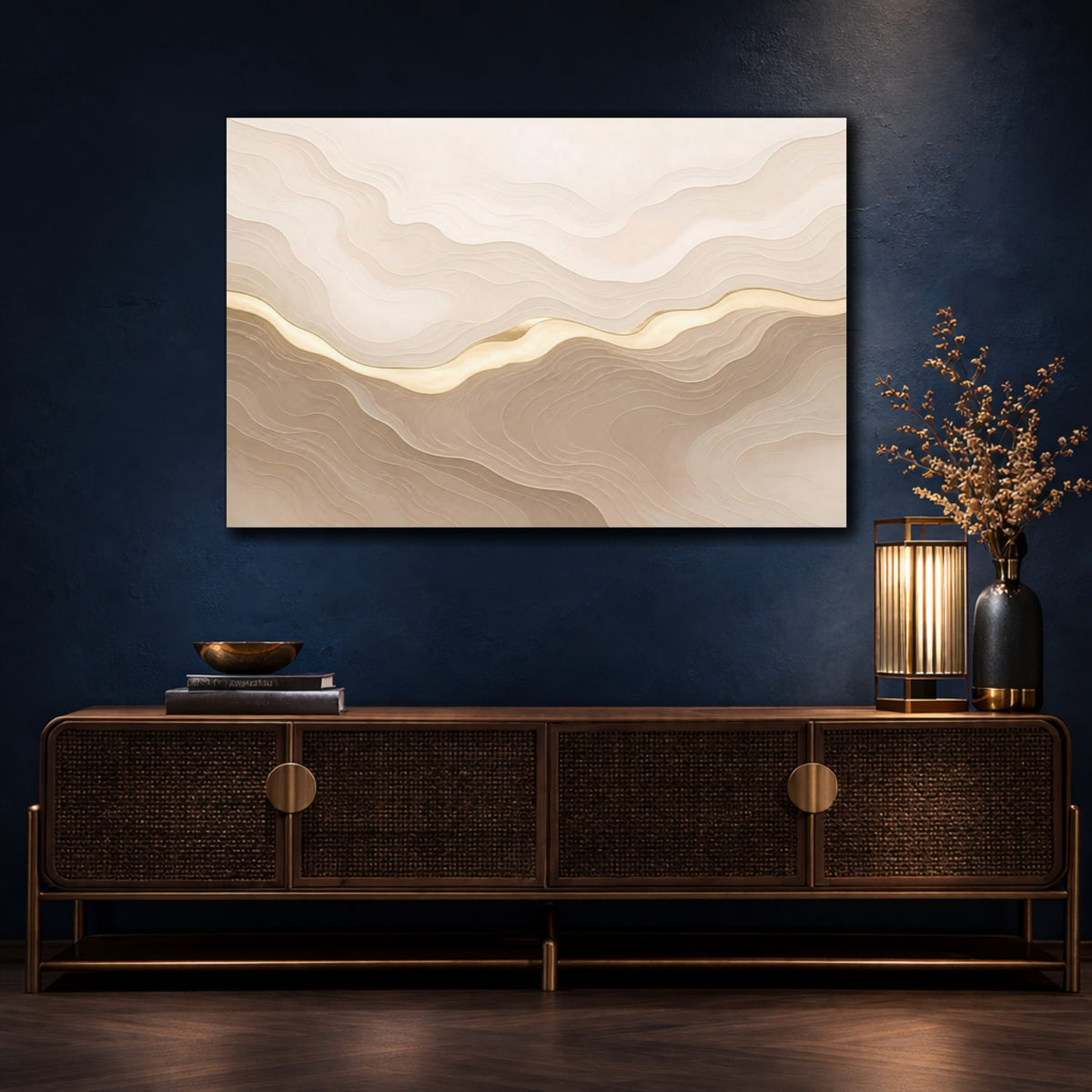 Mockup 4. Abstract Topographic Gold Wave shown as canvas print