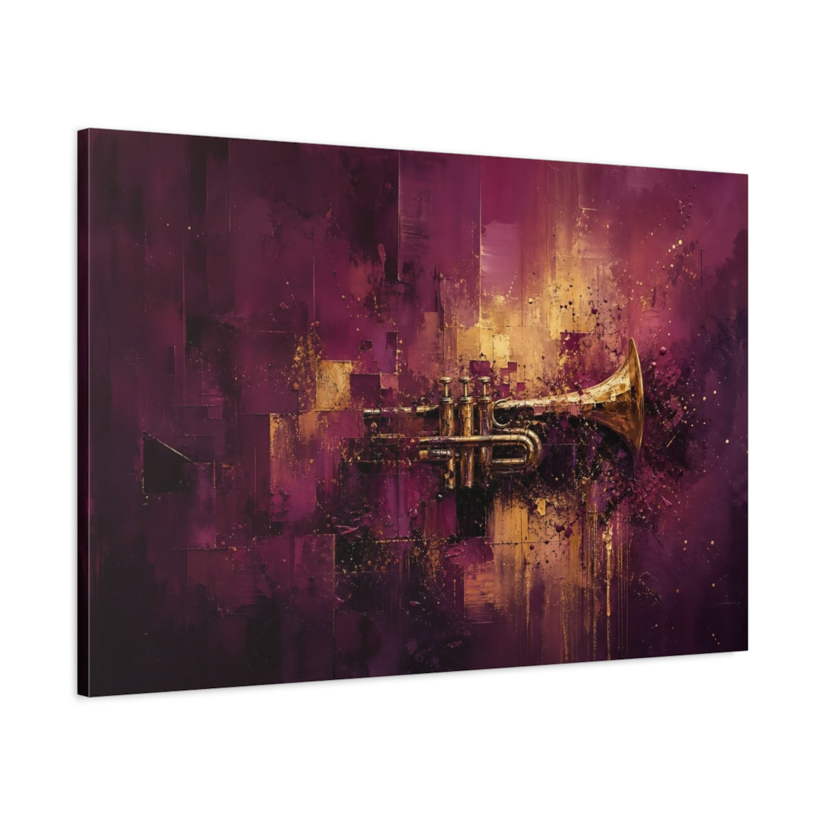 Main Mockup. Abstract Trumpet Purple And Gold shown as stretched canvas wall art