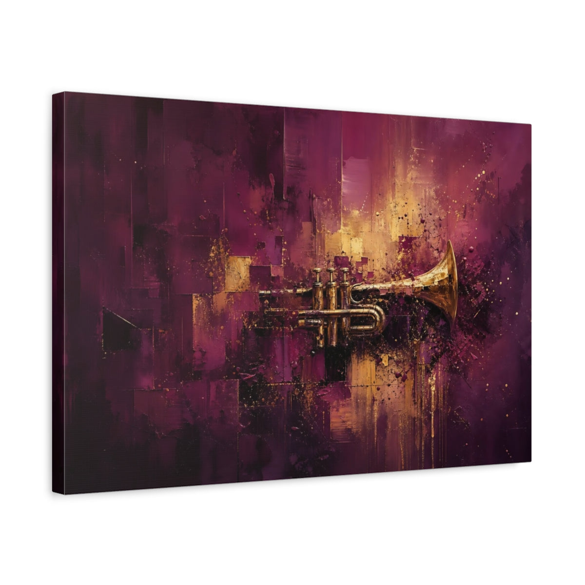 Side Mockup 3. Abstract Trumpet Purple And Gold shown as stretched canvas wall art
