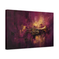 Side Mockup 4. Abstract Trumpet Purple And Gold shown as stretched canvas wall art