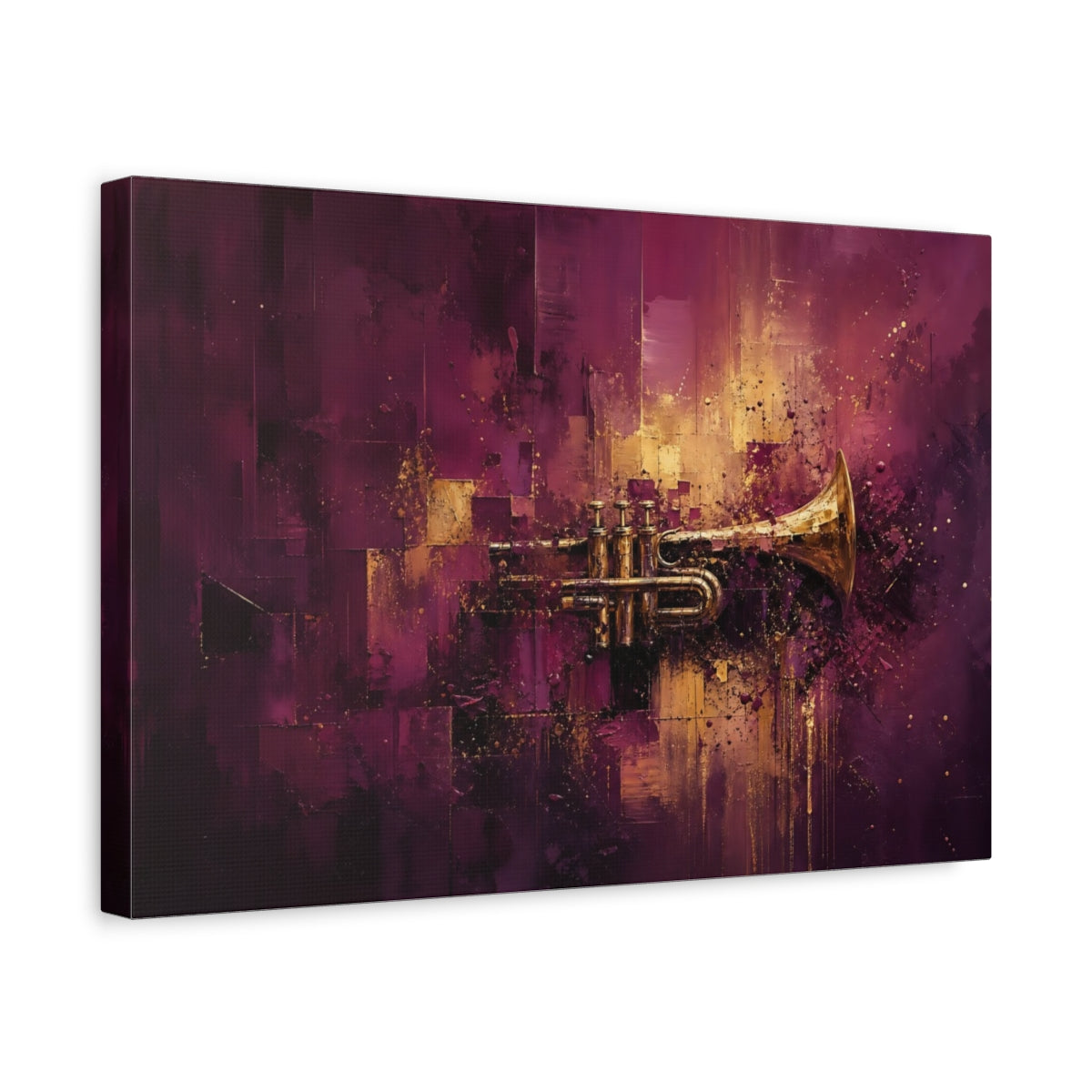 Side Mockup 4. Abstract Trumpet Purple And Gold shown as stretched canvas wall art