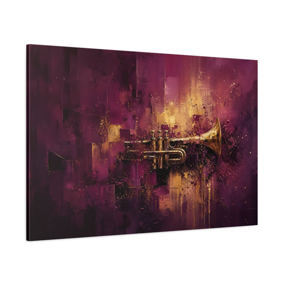 Side Mockup 1. Abstract Trumpet Purple And Gold shown as stretched canvas wall art