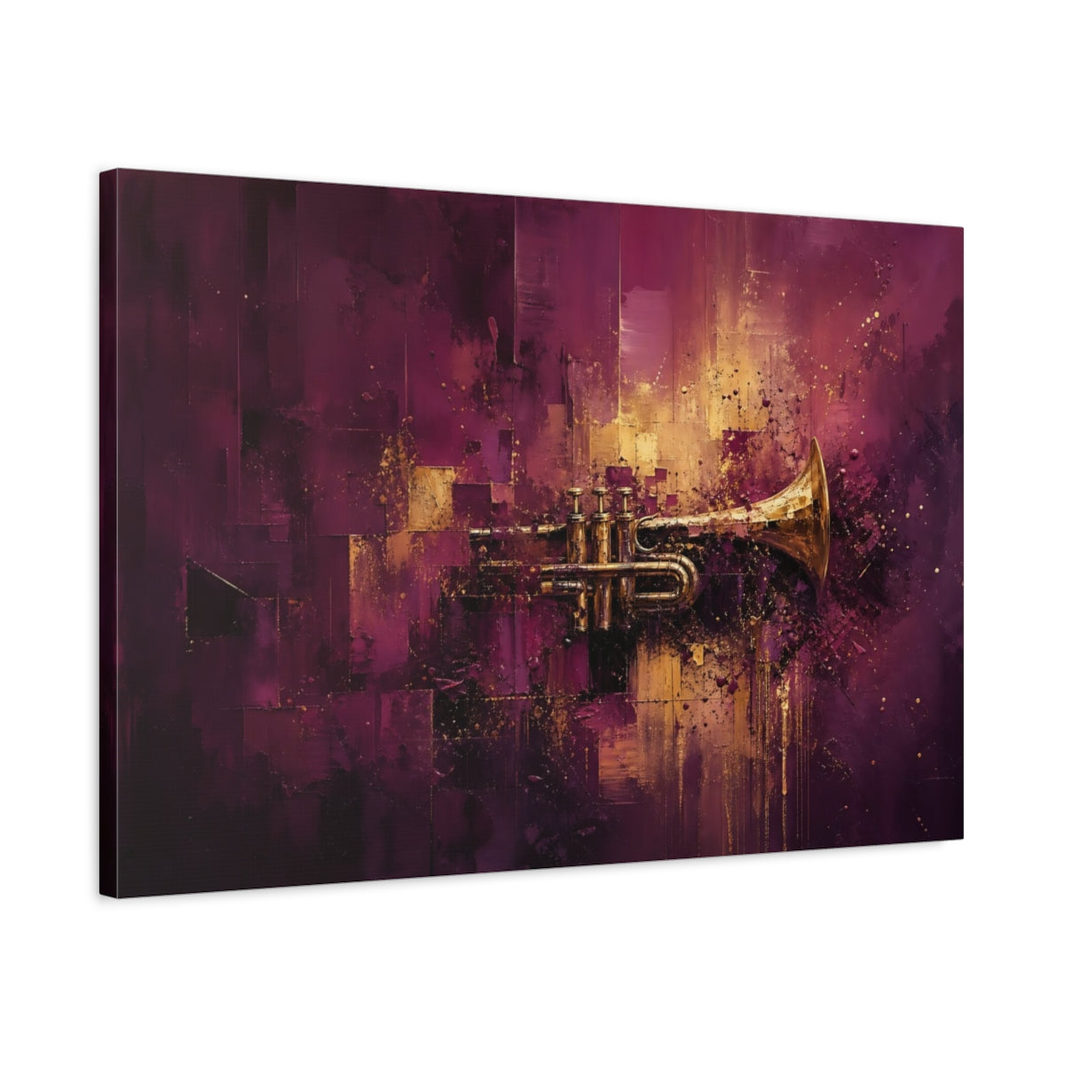 Side Mockup 2. Abstract Trumpet Purple And Gold shown as stretched canvas wall art