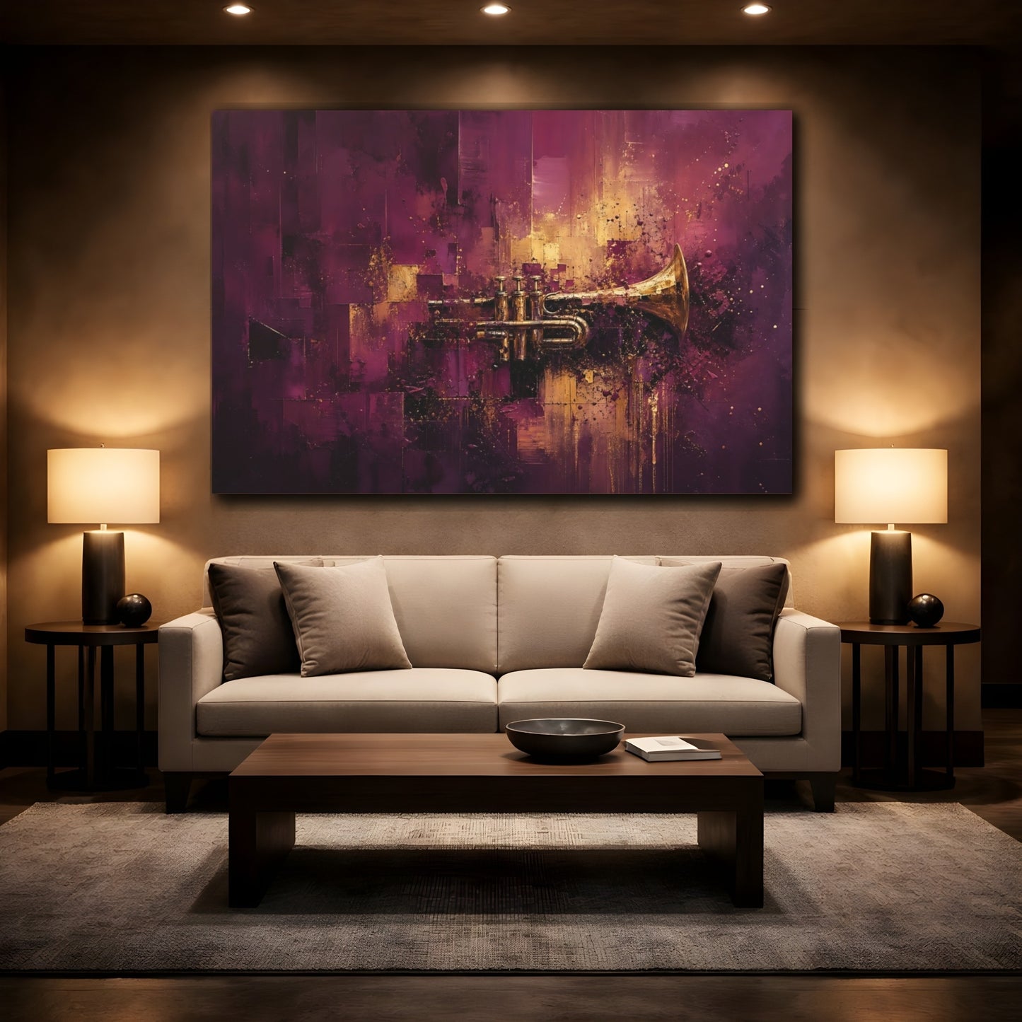 Mockup 2. Abstract Trumpet Purple And Gold shown as stretched canvas wall art