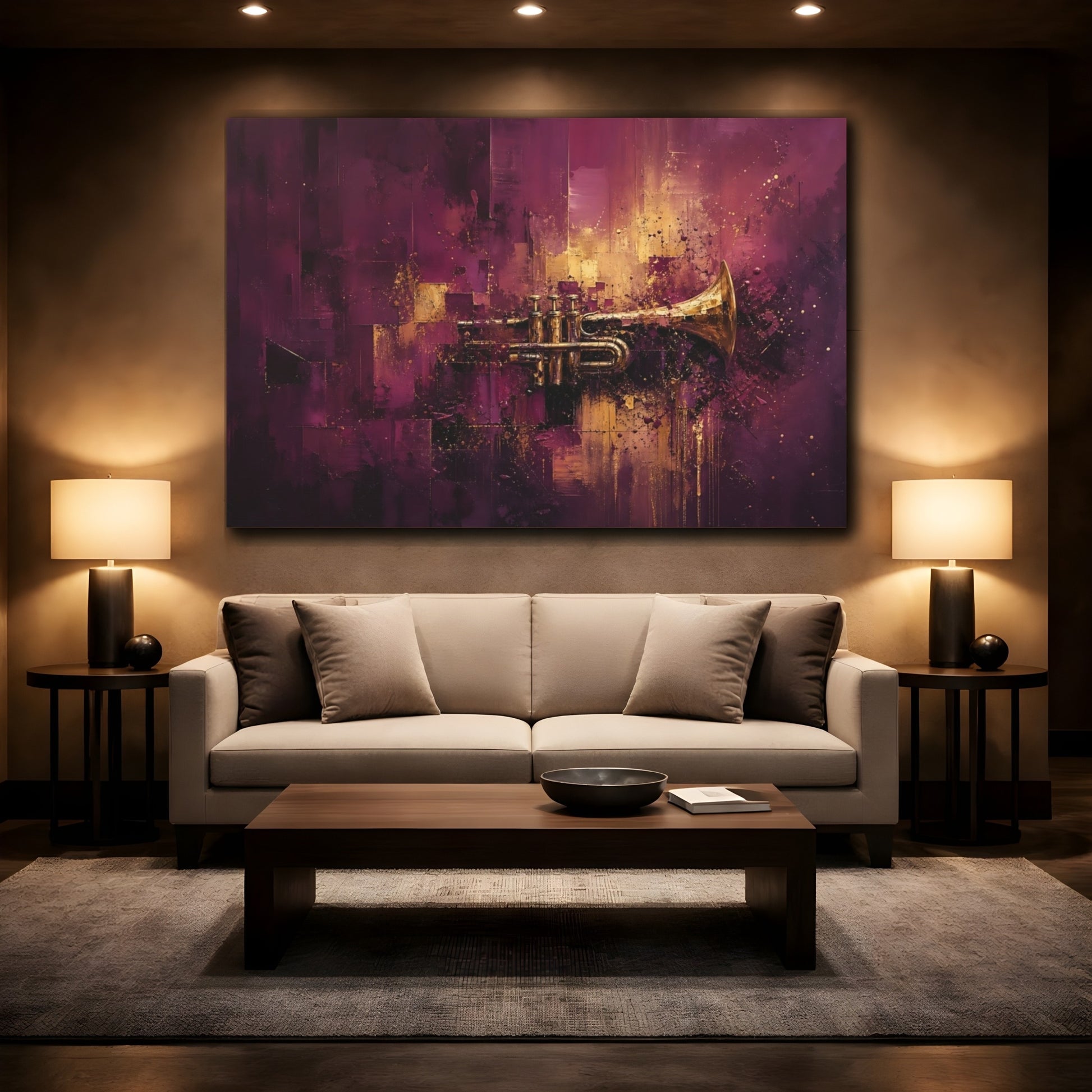 Mockup 2. Abstract Trumpet Purple And Gold shown as stretched canvas wall art