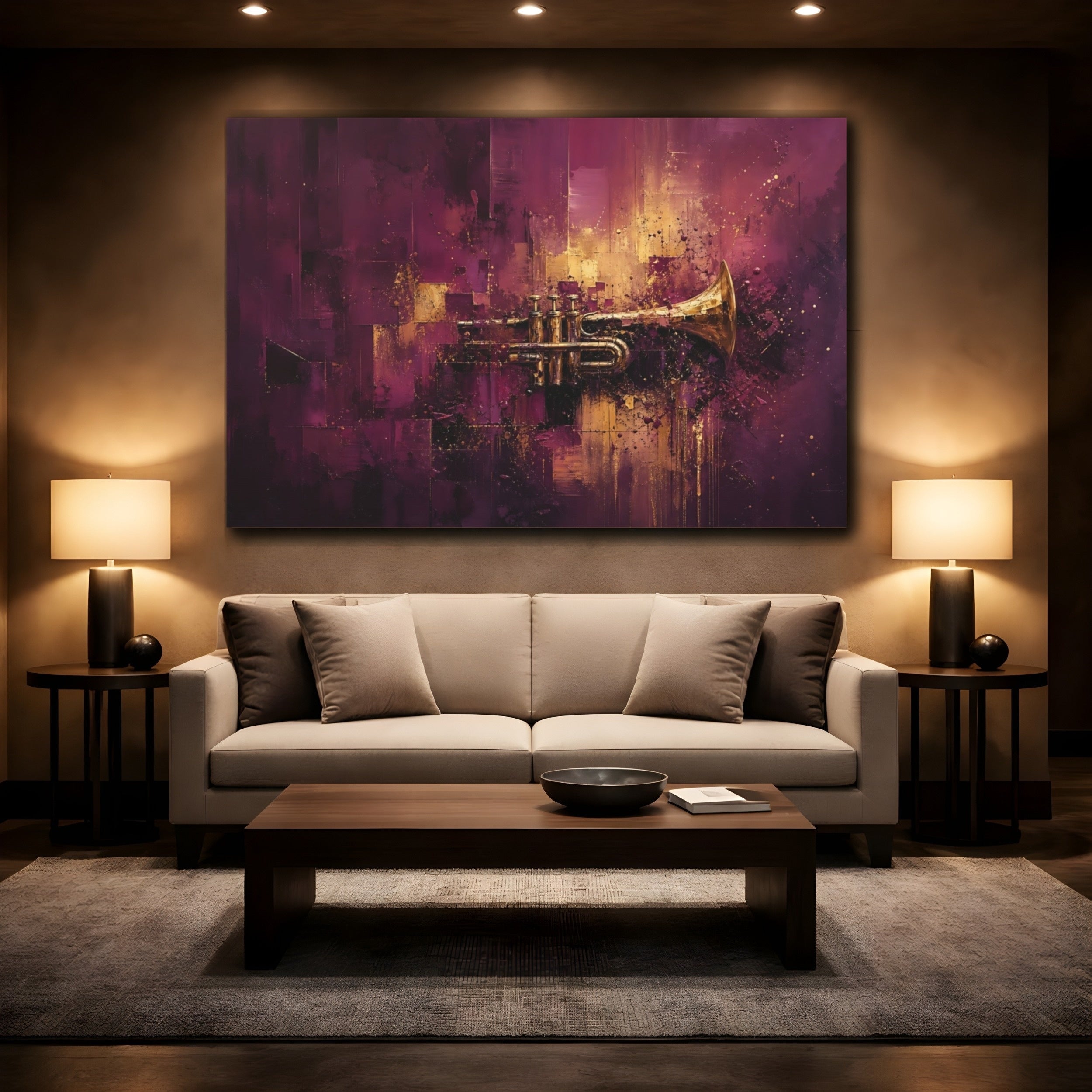Mockup 2. Abstract Trumpet Purple And Gold shown as stretched canvas wall art