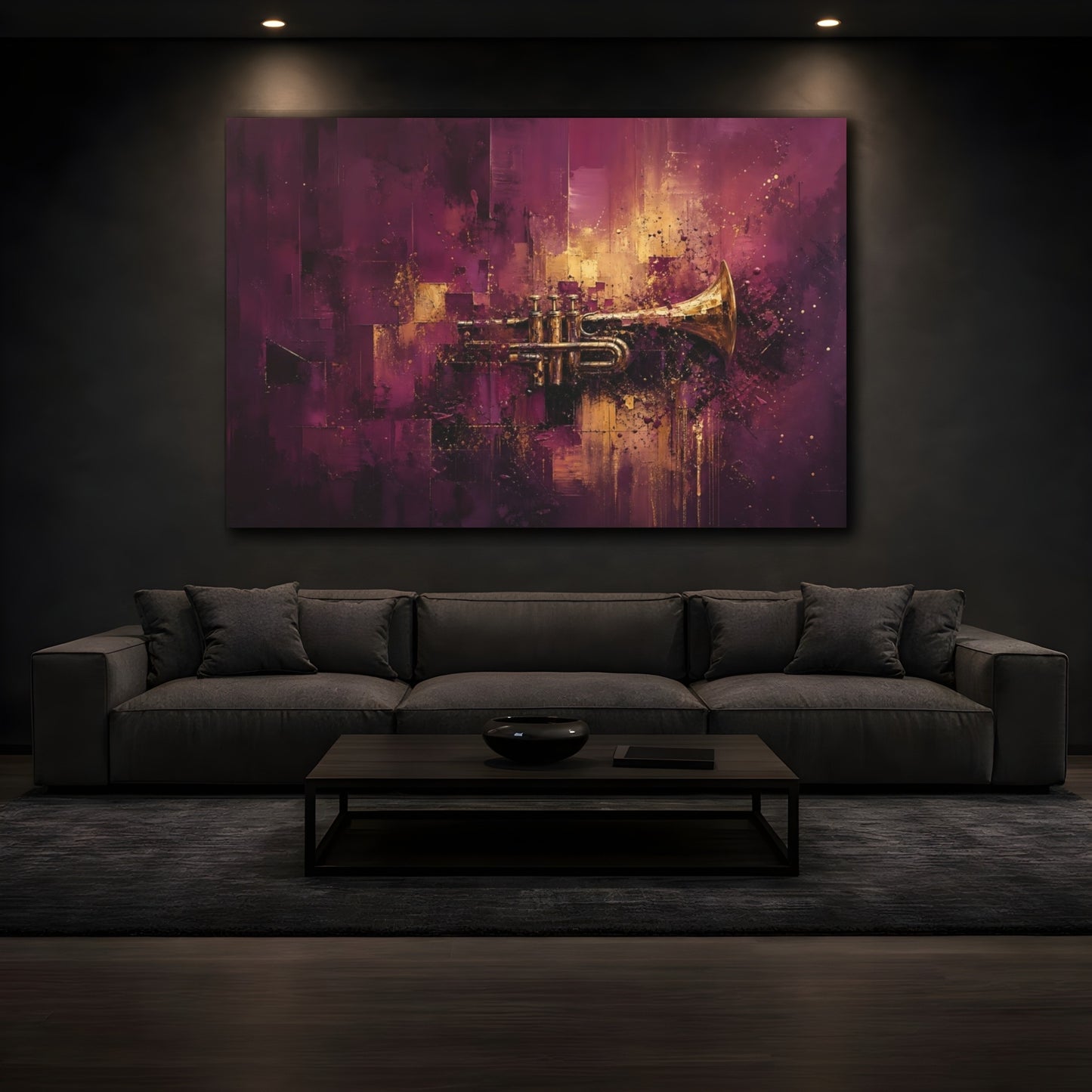 Mockup 3. Abstract Trumpet Purple And Gold shown as stretched canvas wall art