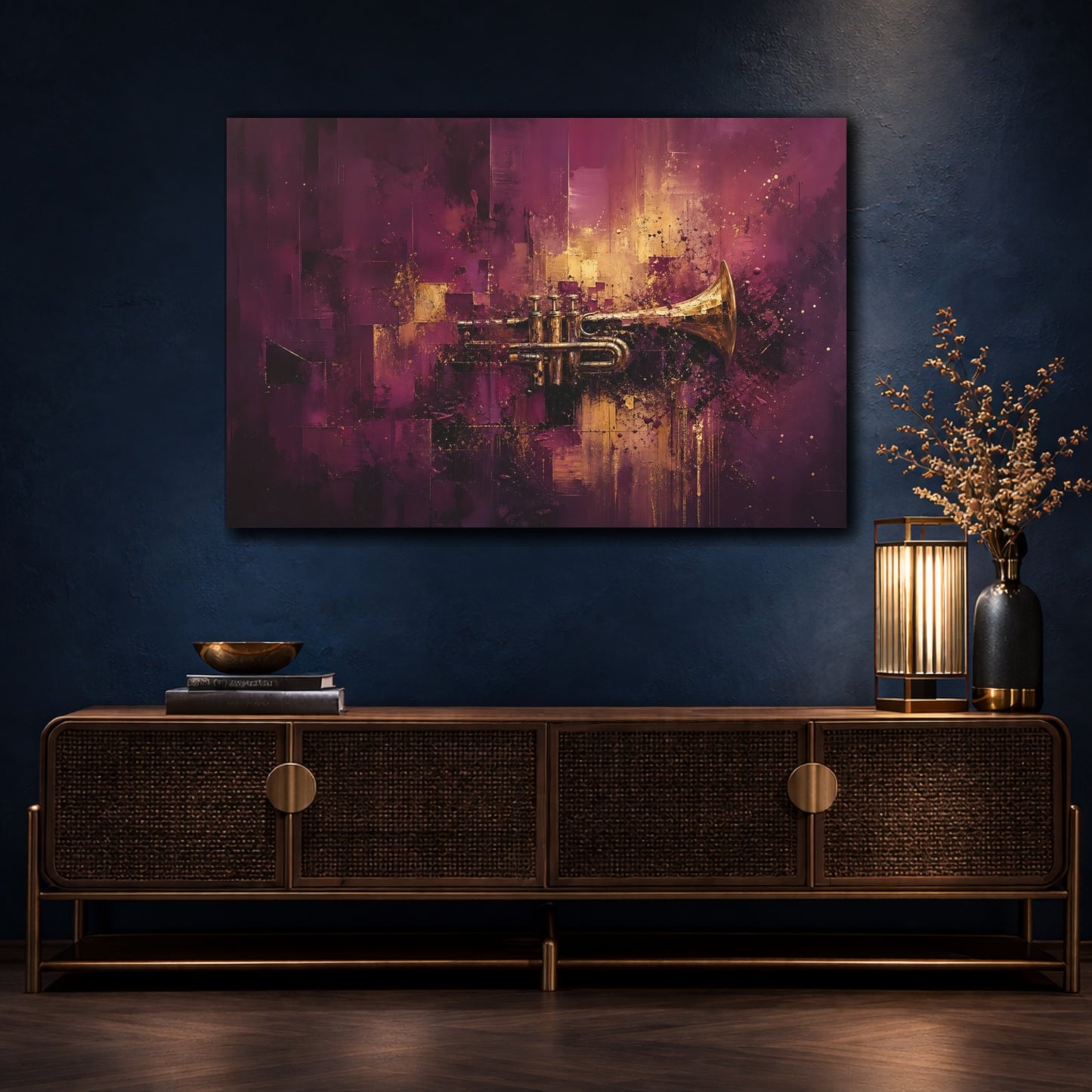Mockup 4. Abstract Trumpet Purple And Gold shown as stretched canvas wall art