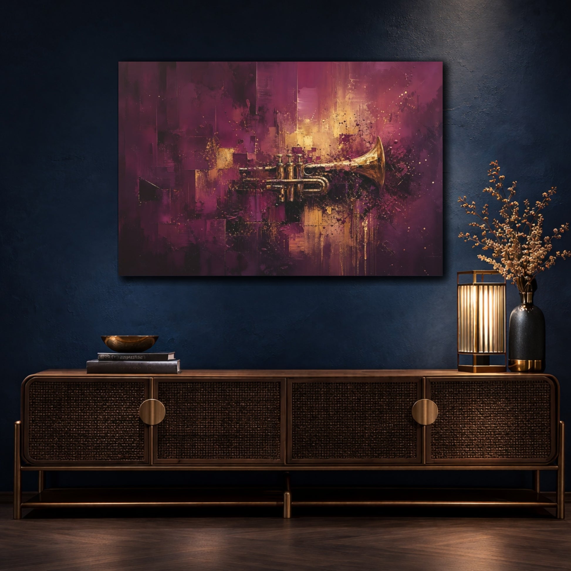 Mockup 4. Abstract Trumpet Purple And Gold shown as stretched canvas wall art